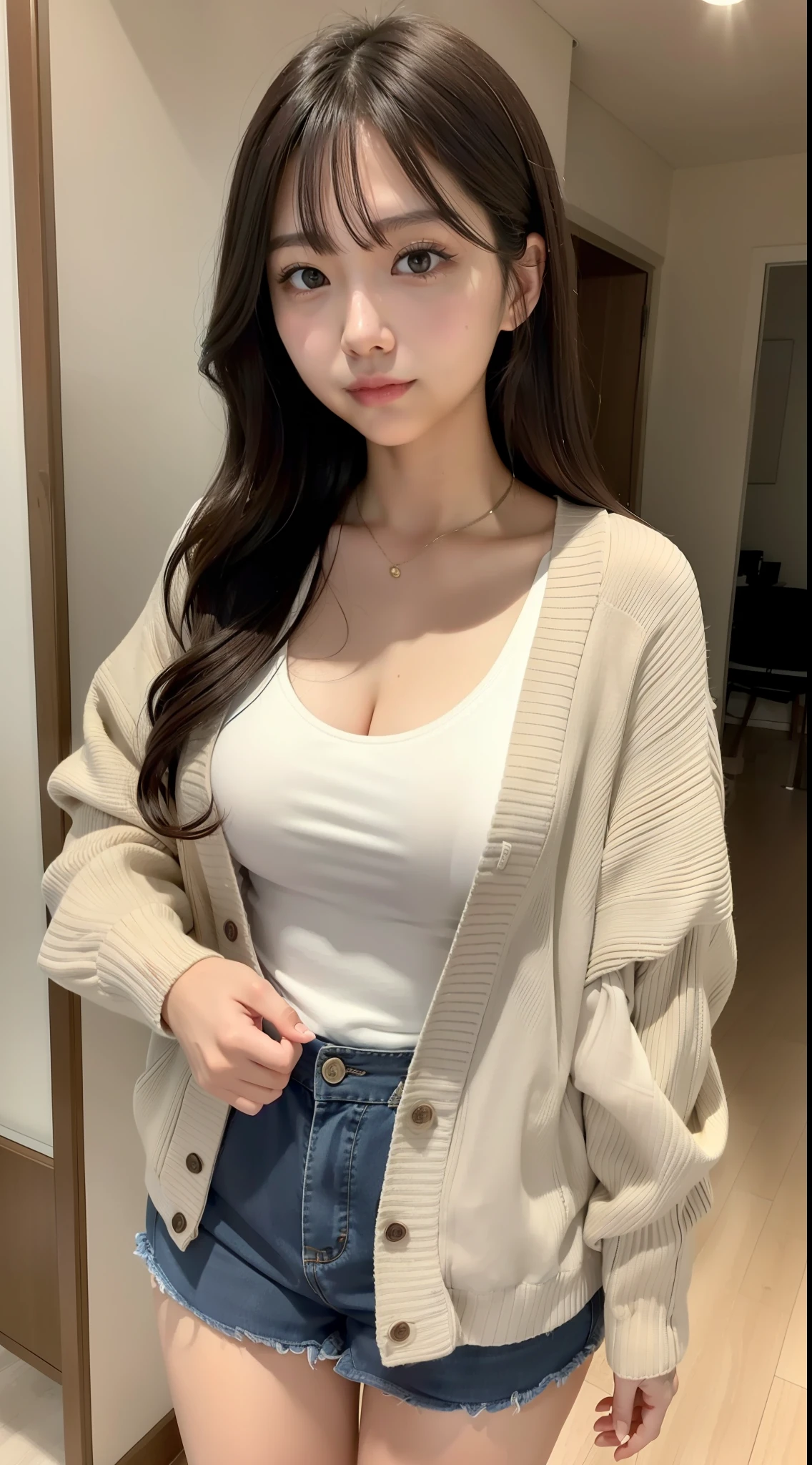 Japan girls, girls in their twenties, wavy slightly long hair, dark hair, brown eyes, perfect figure, transparency, gloss, luster, modest breasts, casual, cardigan, loose summer sweater,