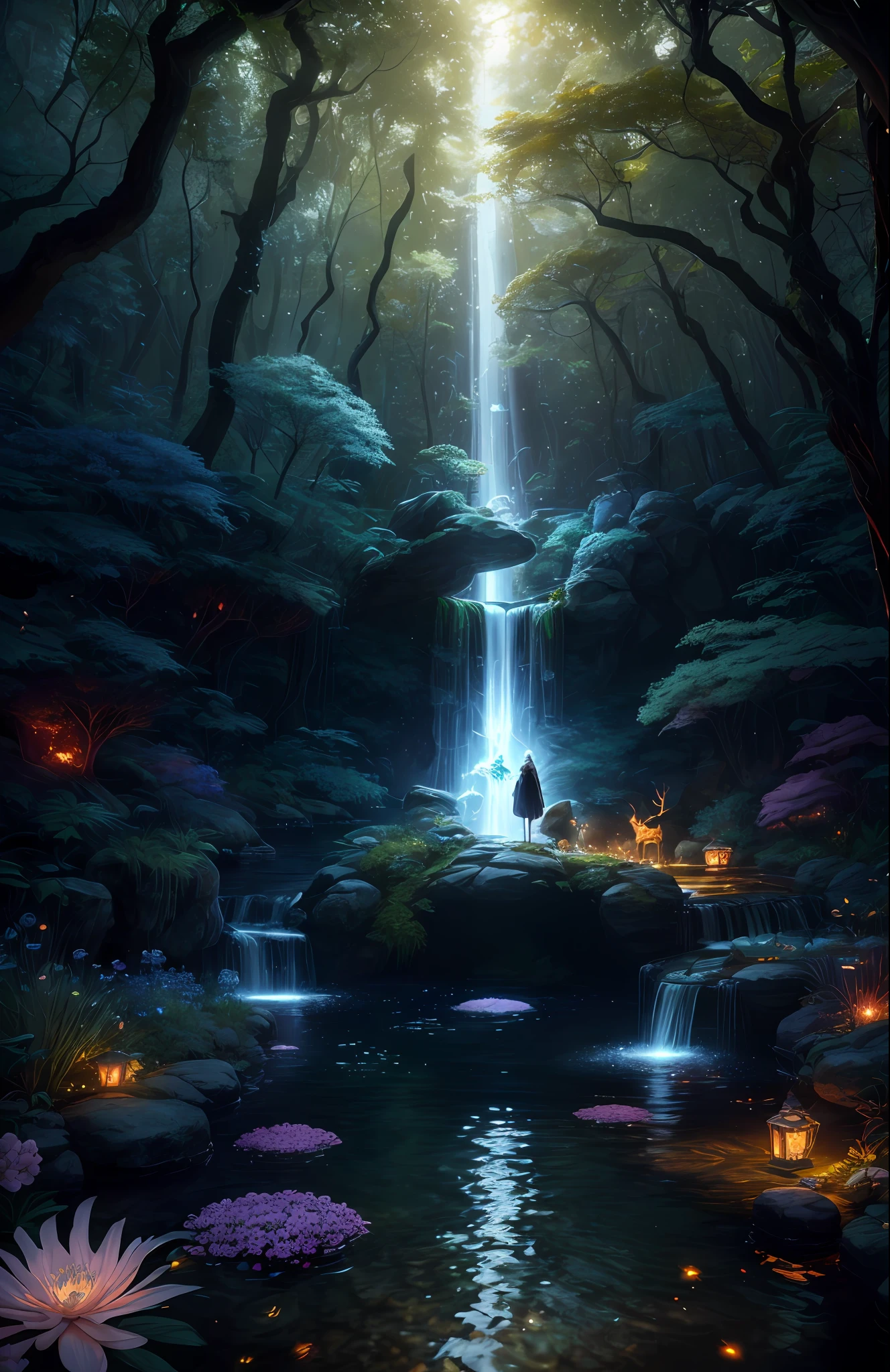 Masterpiece, best quality, (very detailed CG unified 8k wallpaper), (best quality), (best illustration), (best shadow), close-up of a woman with white hair and white mask, beautiful figure painting, Guvitz, Guvitz-style artwork, white-haired god, Yang J, epic exquisite character art, amazing character art, Fan Qi, Wu Jun Shifan, Guviz in pixiv art station, glowing elf, with a glowing deer, drinking water in the pool, Natural elements in forest theme. Mysterious forest, beautiful forest, nature, surrounded by flowers, delicate leaves and branches surrounded by fireflies (natural elements), (jungle theme), (leaves), (branches), (fireflies), (particle effects) and other 3D, Octane rendering, ray tracing, super detailed