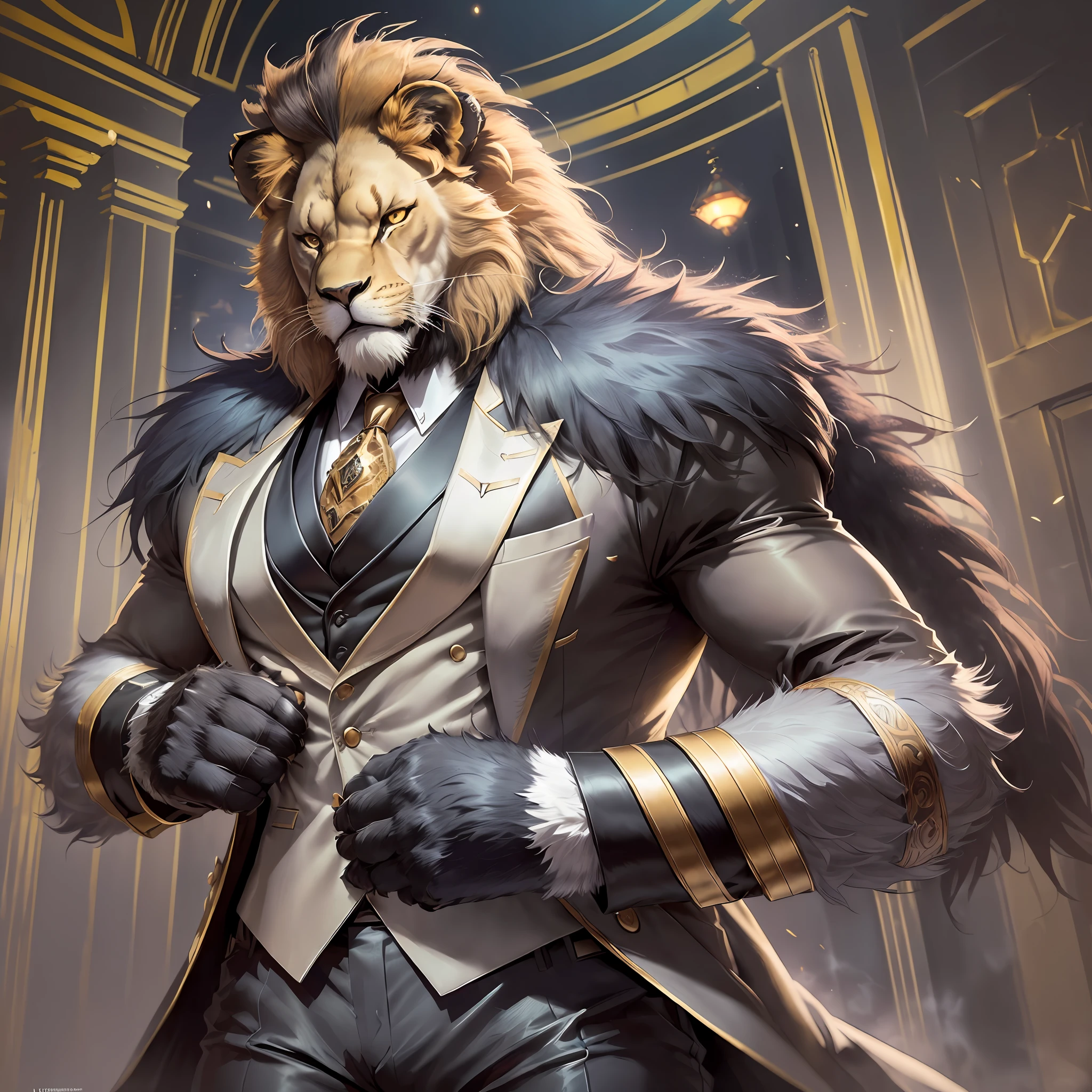 top quality ultra-fine illustrations, Reality and vitality, Expression of dense muscles, Coats that skillfully reflect light, dynamism, energy, elegance, Luxury, Harmony with space, Passionate expressiveness(classic concert, opera house, Backlighting)(highly detailed beautiful face and eyes)absurdres, perfect anatomy((beast man, solo focus, sharp focus)) (furry, tuxedo) (furry anthro:1.7) ((((Furry body, male lion facial features, male lion body features)))) ((Male lion's muzzle, very detailed fur))full body, Fighting pose, invincible smile (portrait),