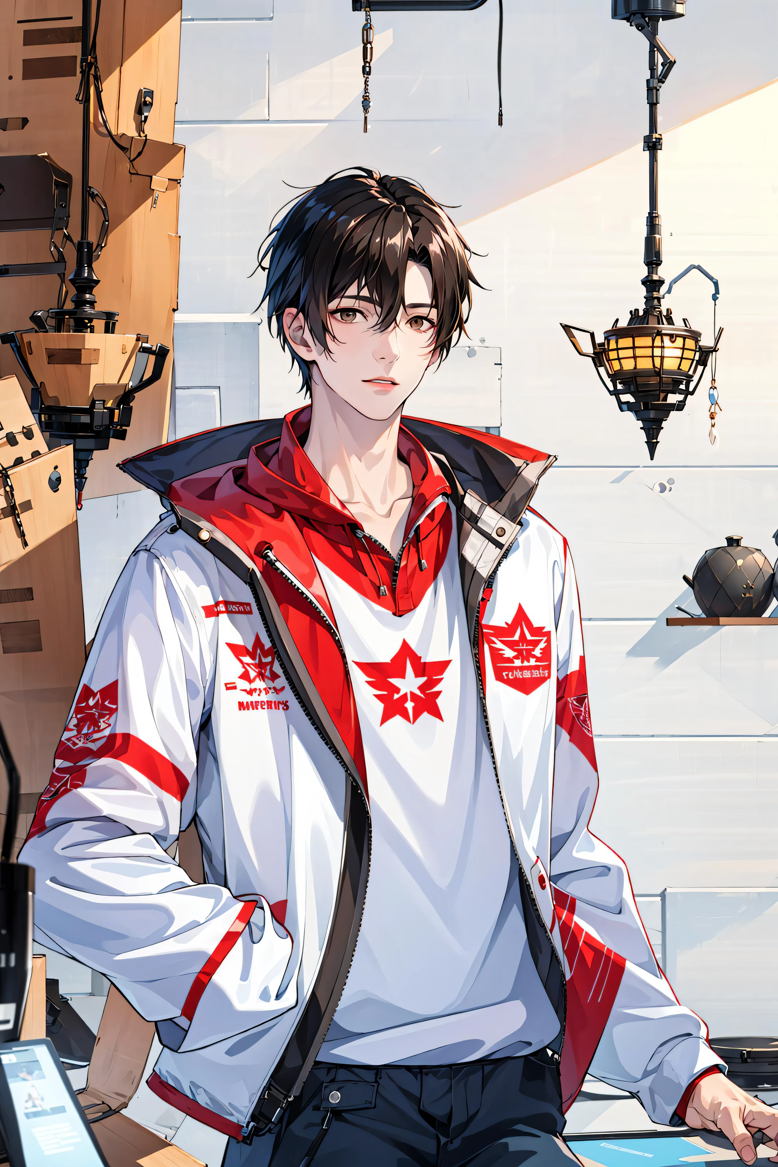 masterpiece, high quality, 1boy,solo,male focus, brown eyes,white jacket, portrait,yexiu\(quanzhigaoshou\),