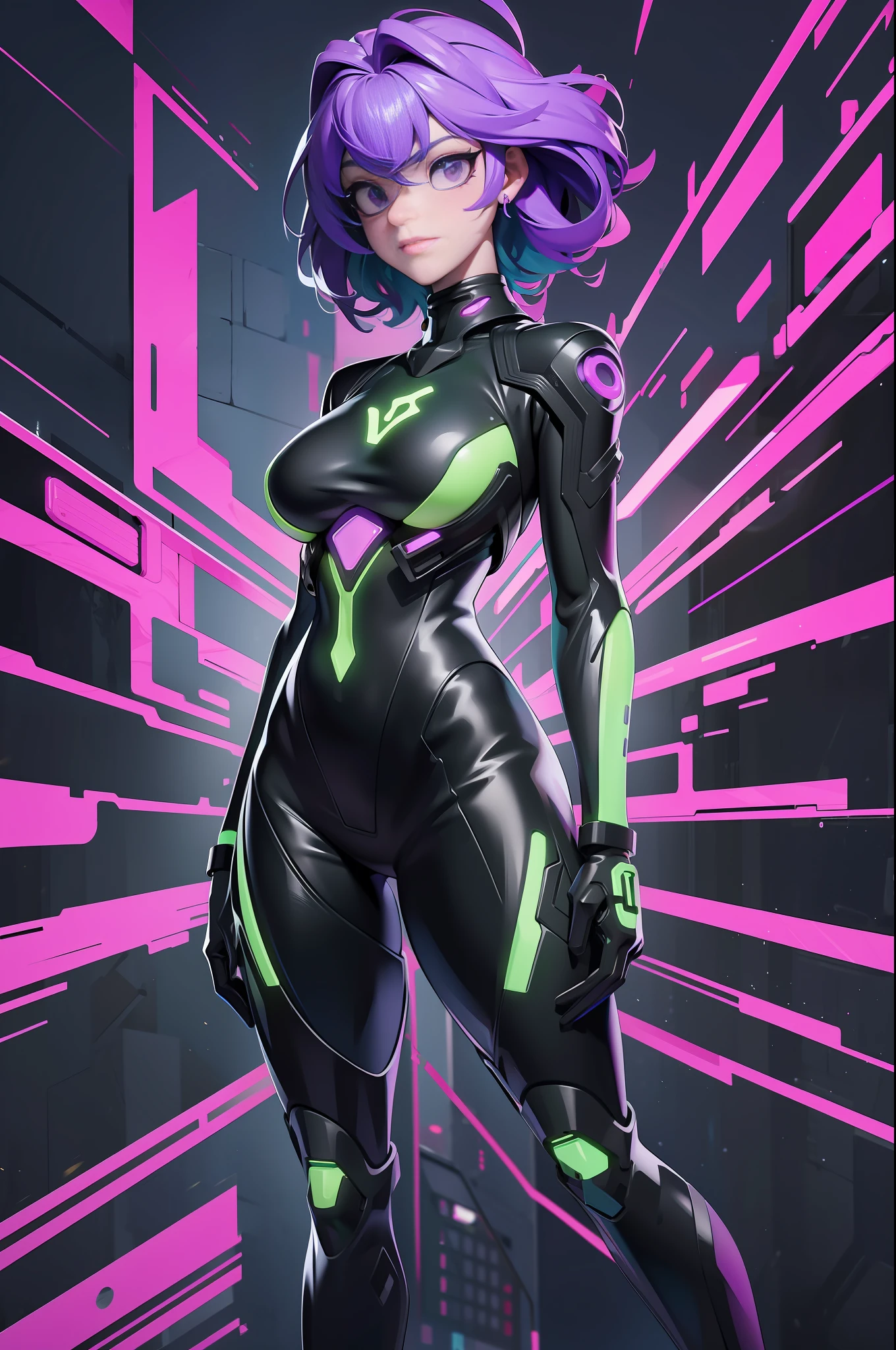 full body picture Unreal Engine 5 8K UHD of 2 beautiful women, forest green curly hair style, wearing Evangelion black plug suit, half face cyberpunk mask, futuristic neck collar, Sacramento green neon light details, cyberpunk city, dating with beautiful women, byzantine violet Bob hair style, wearing Evangelion black plug suit, half face cyberpunk mask, futuristic neck collar, electric violet neon light details, cyberpunk city, best quality, masterpiece