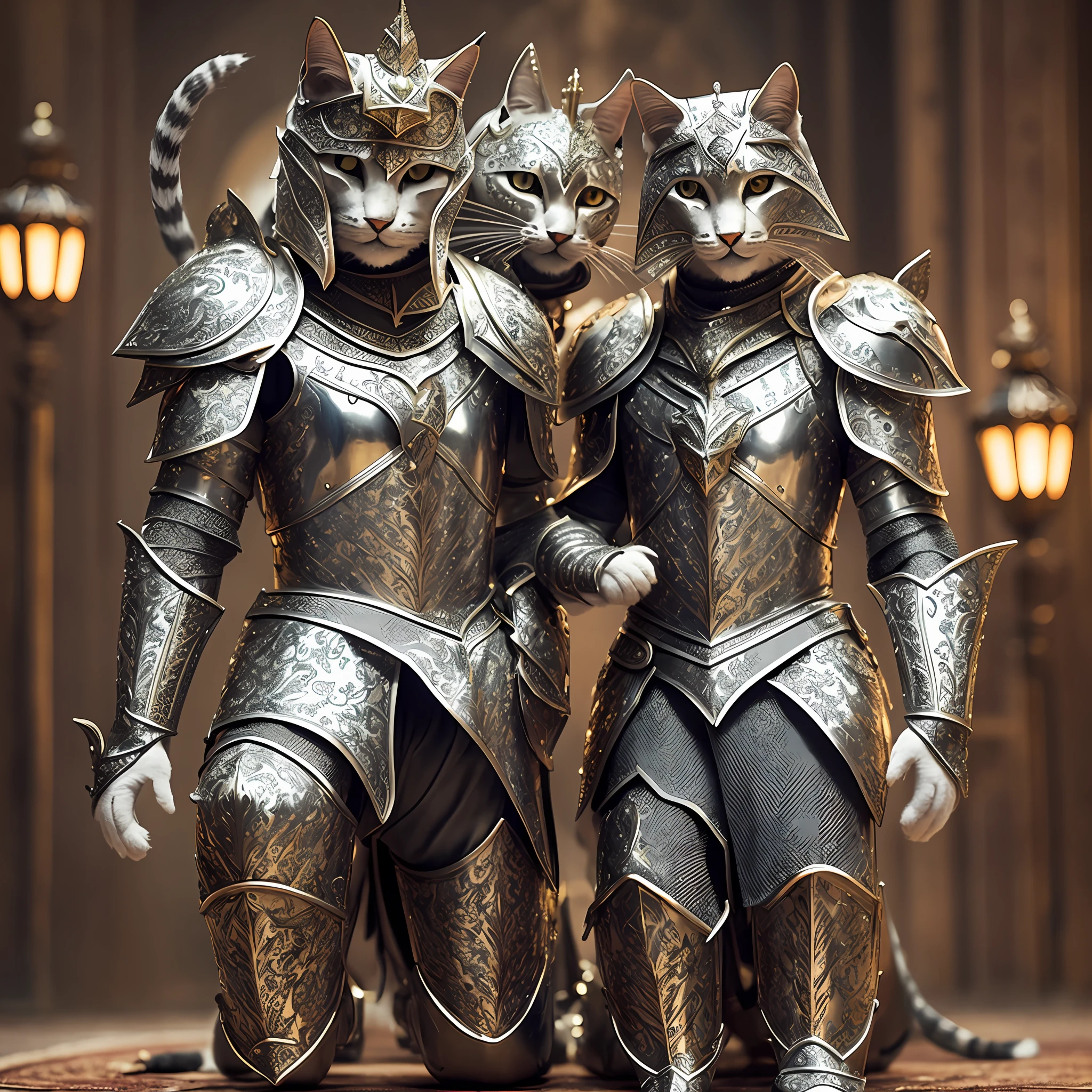 A cat made of (kneeling knight), portrait, exquisite armor, intricate design, gold, silk, movie lighting, sharp eyes, three heads are different: orange cat cat head, lynx pattern puppet head, white cat heterody head 4k --auto --s2