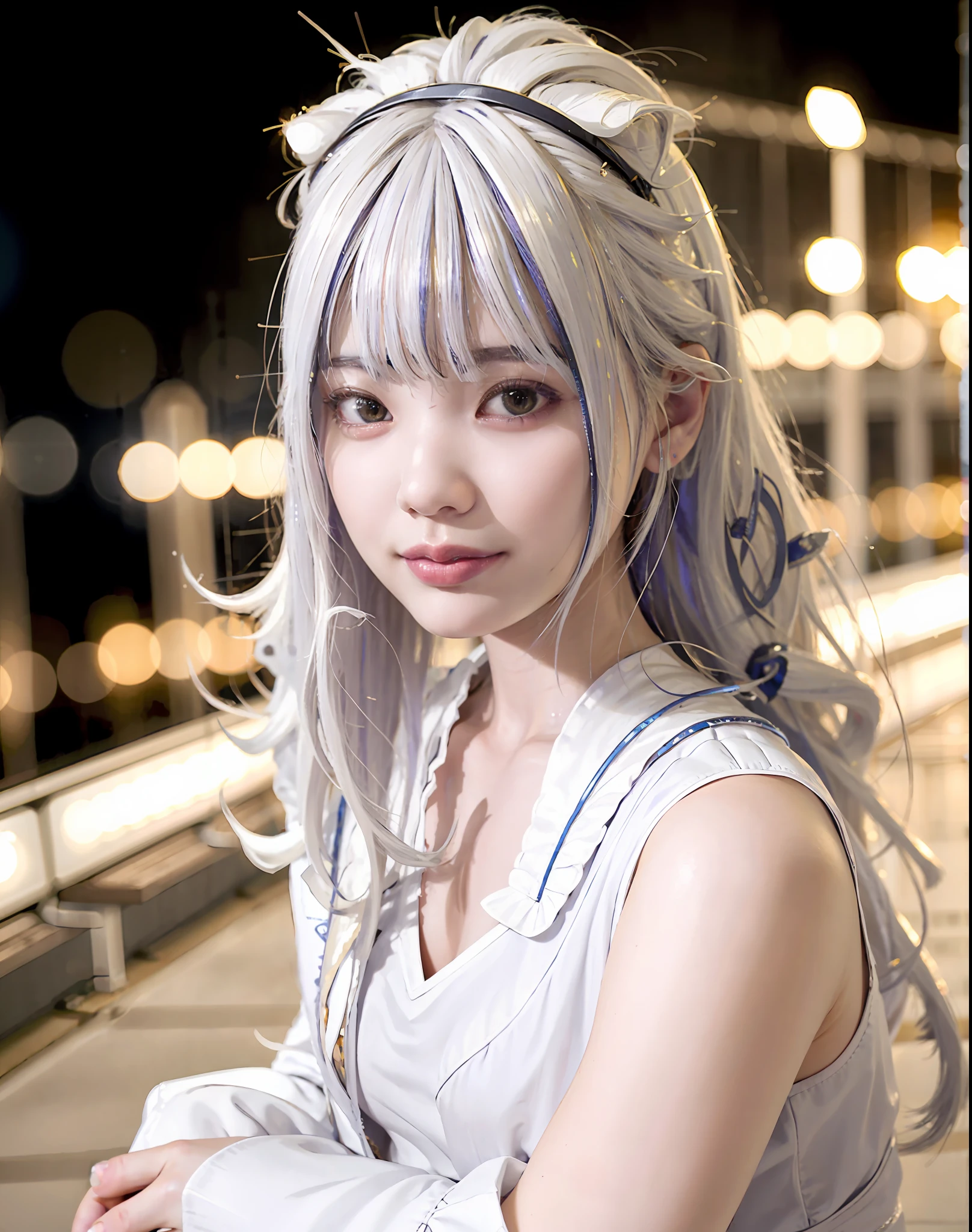 best quality, photorealistic, 8k, high res, 1girl, woman,(skindentation), (large breast), (professional lighting, bokeh), (street), (people, crowds:0.6), market, (night:1.2),(white hair:2.0), (blouse:1.5), (portait:0.6), gorgeous, bloom, (floating hair),(light particles, lens flare, glowing particles:0.6), (dynamic pose:1.2), soft lighting,