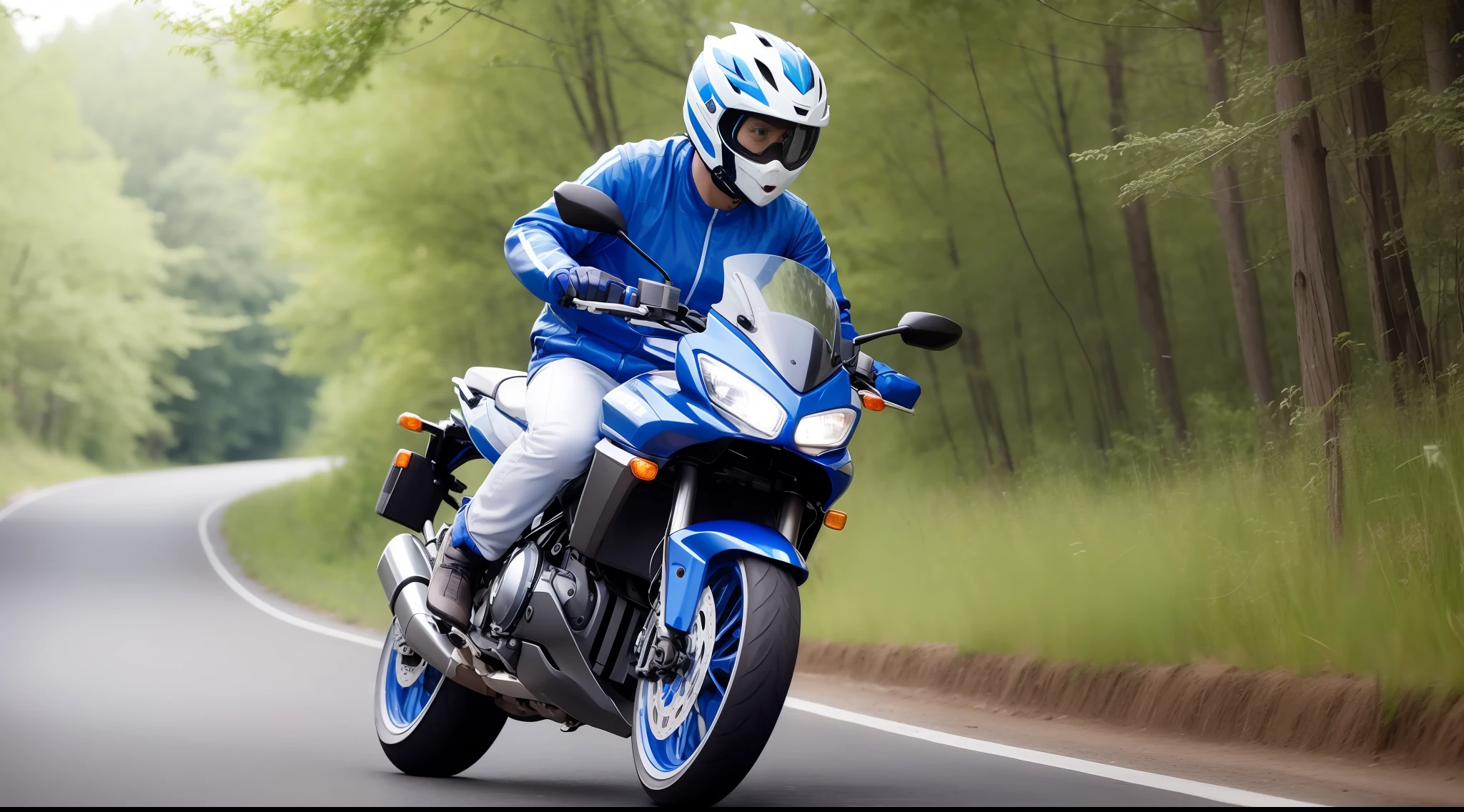 [Illustration Split Shot] comic page, there are multiple images on one page: a Chinese man with a green backpack, riding a blue-and-white motorcycle, driving on a path in the field (back, third view, GoPro, f/2.8, motion blur, diffuse backlight). [Multi-angle continuous shooting] in Nicolas Bouvier's style, cobalt blue and reflective silver, motion picture film P30, split composition