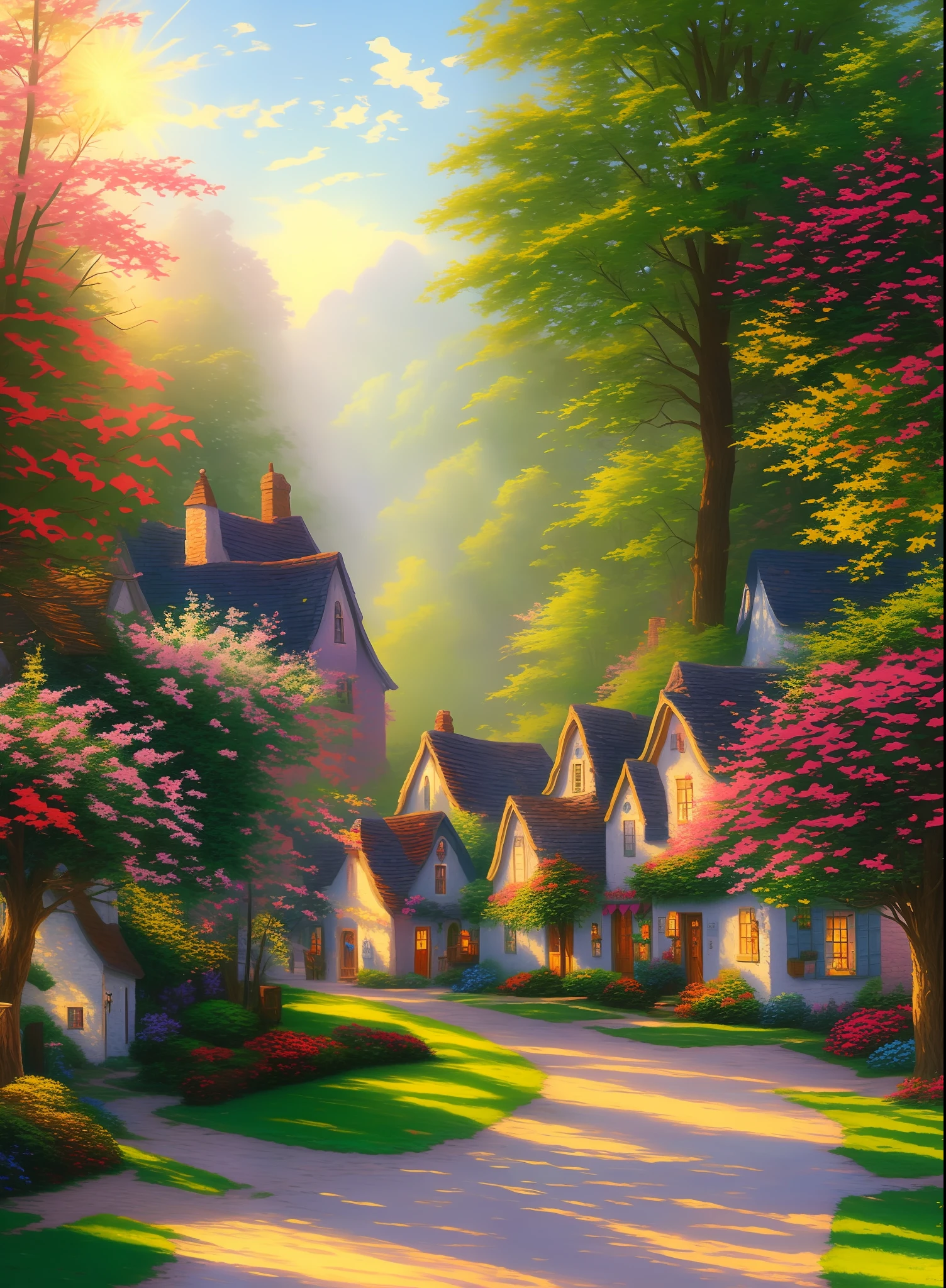 A sun-drenched Easter morning in a quaint village, painted in the style of Thomas Kinkade.