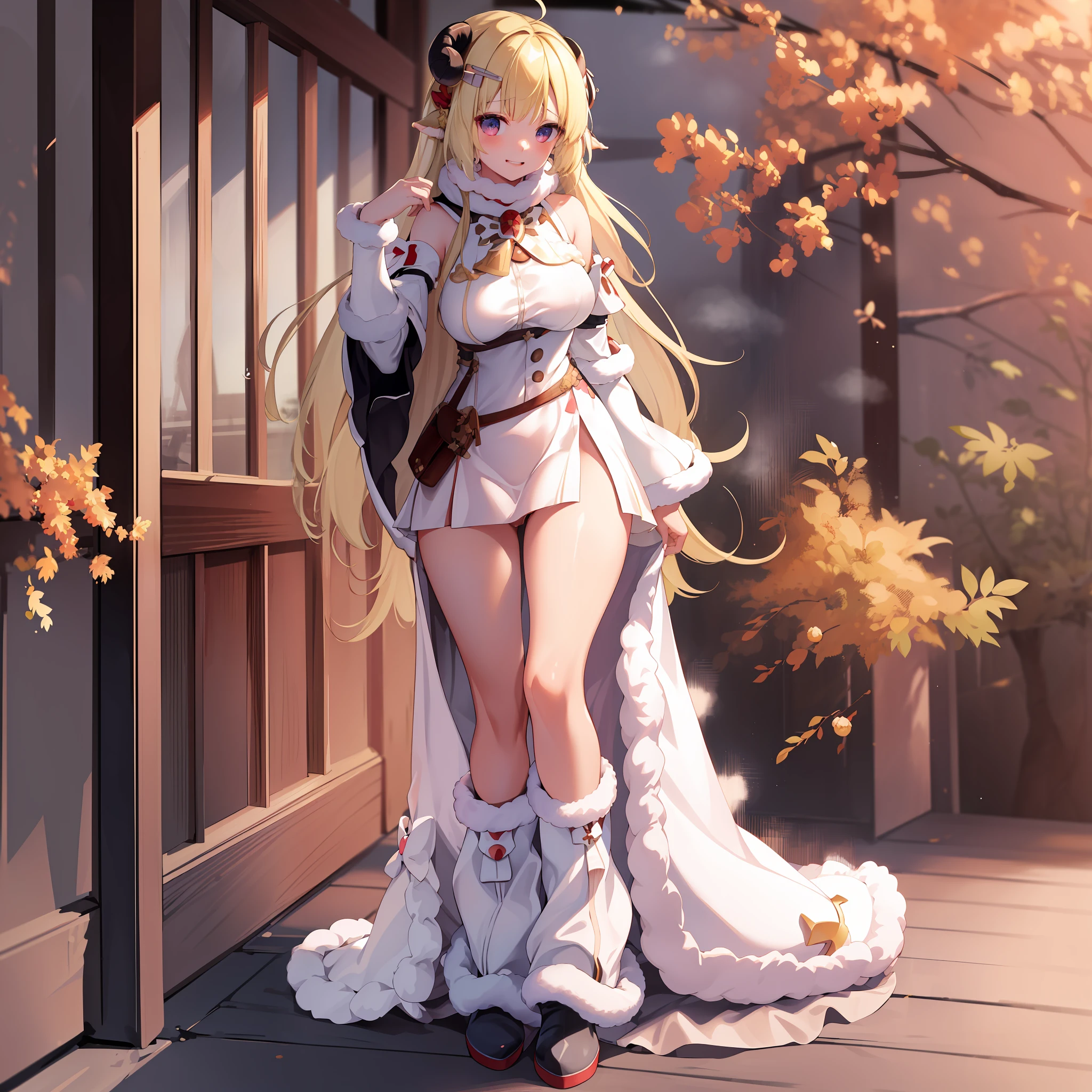 ((Masterpiece)), (Best Quality), Solo, Wadagi, Long Hair, WatameBase, Fur Trim Dress, White Dress, Bare Shoulders, Fur trimmed sleeves, Hairpin, Cloak, Belt bag, Brooch, Fur-trimmed boots, (NSFW:1.5), Full body