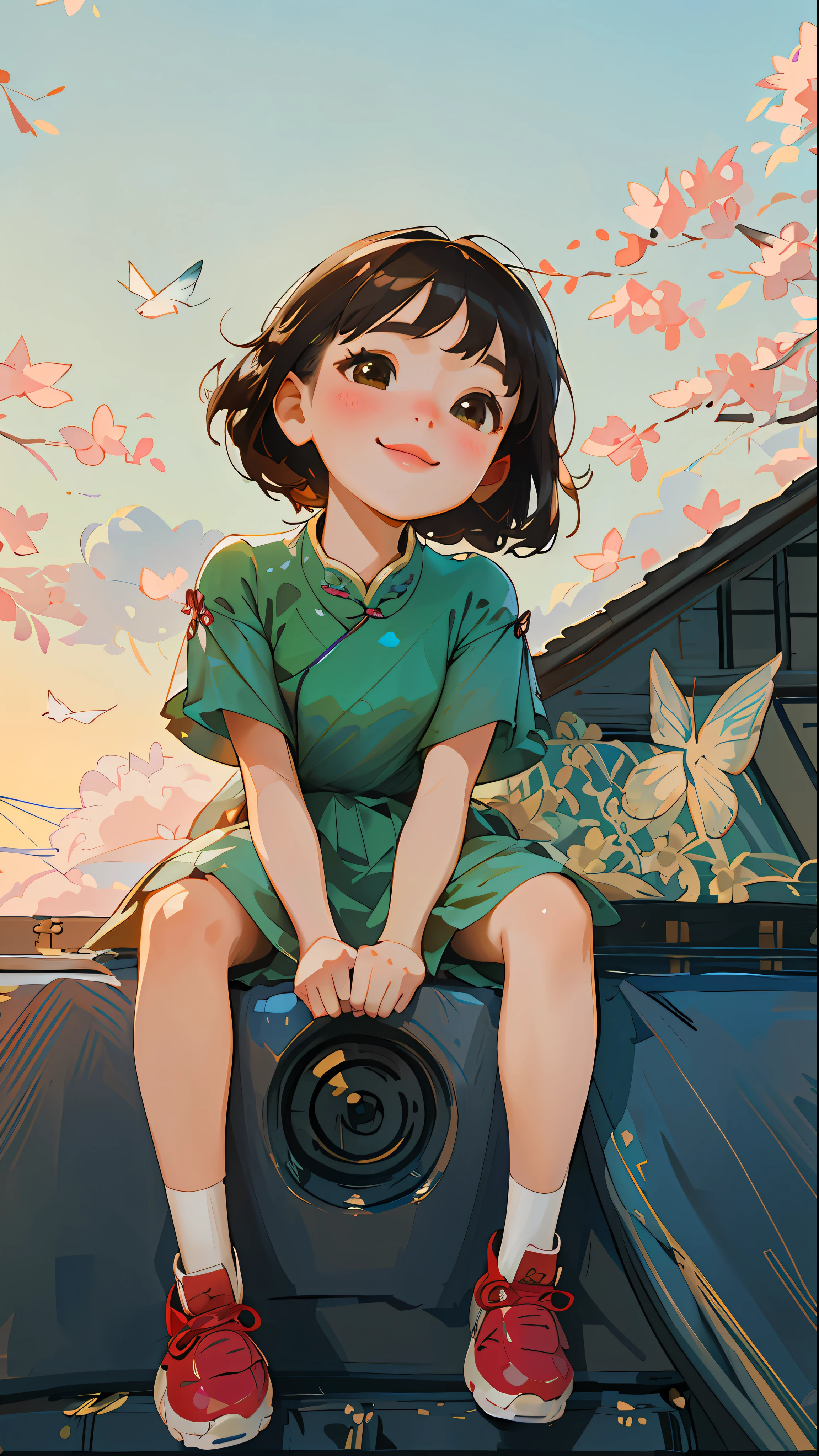 (Best quality, masterpiece, hyper-realistic), 1 beautiful and delicate portrait of a girl, short hair flowing, chinoiserie elements, smile, cute, fluttering petals in background