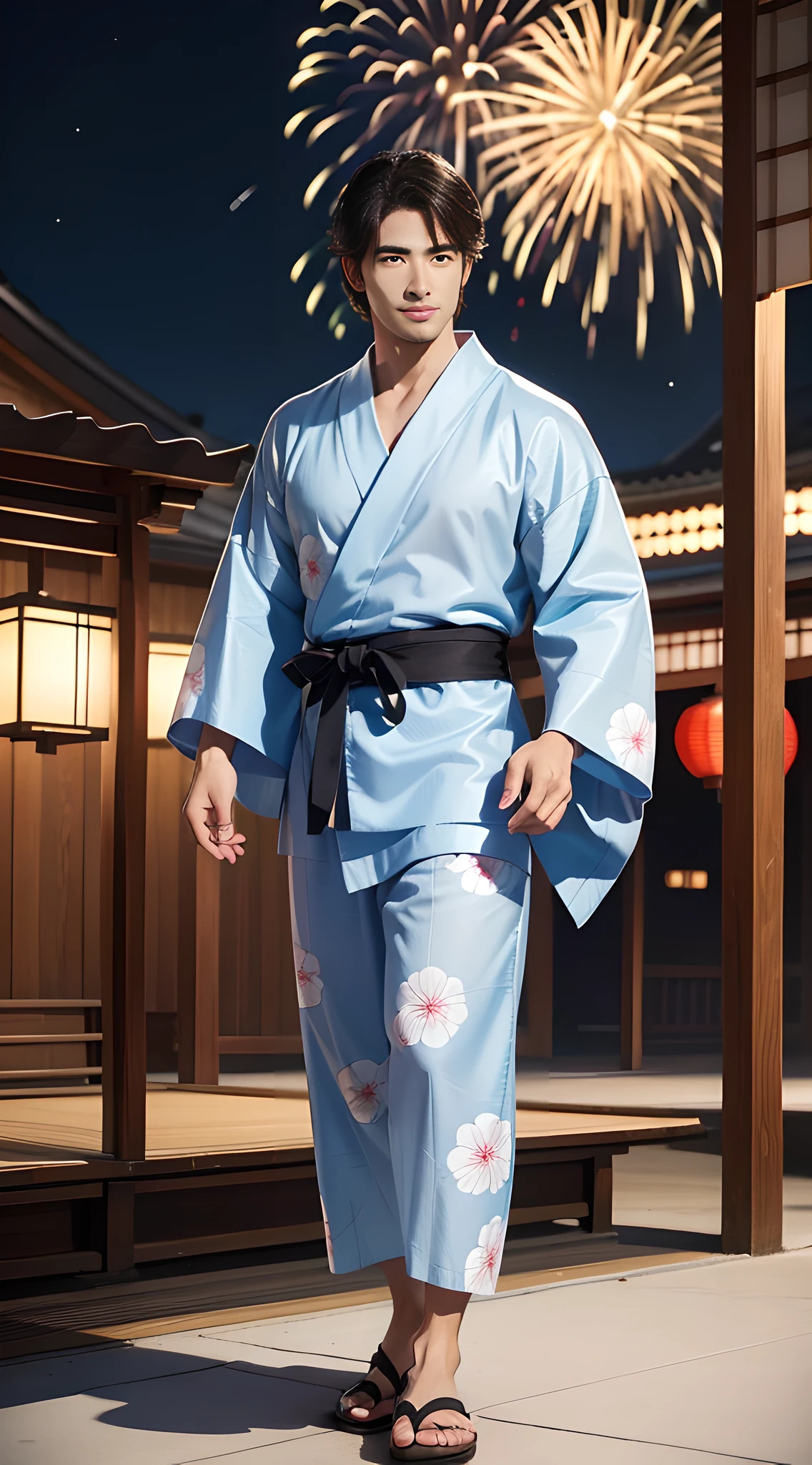 (showing his chest and biniki swimsuit), (handsome muscular young man), (in his 30's of age), one tanned tall handsome muscular man in his 30's, wearing black Japanese YUKATA, A men's yukata is a casual Japanese summer garment. It is typically made of lightweight cotton or linen fabric and has a loose, kimono-style design. The yukata is worn by men for various occasions, such as summer festivals, fireworks displays, or relaxing at traditional hot spring resorts. It features a simple, straight-cut silhouette, with wide sleeves and a wraparound style secured by a narrow belt called an "obi." Men's yukata designs often incorporate traditional patterns, such as stripes, geometric motifs, or nature-inspired prints. When wearing a yukata, men may pair it with geta sandals and complete the look with a simple accessory like a folding fan. The yukata provides a comfortable and stylish option for men to enjoy the summer season in Japan. many fireworks in the background, mischievous smile, (high detail:1 1)、big male genitals under bikini, Natural muscle、highly quality、beautiful eye、(detailed face and eyes)、(faceless:1 2)、noise、real photo、...PSD、sharp focus、high resolution 8k、Realistic and professional photos、8K UHD、soft lighting、highly quality、film grain、Fujifilm XT3