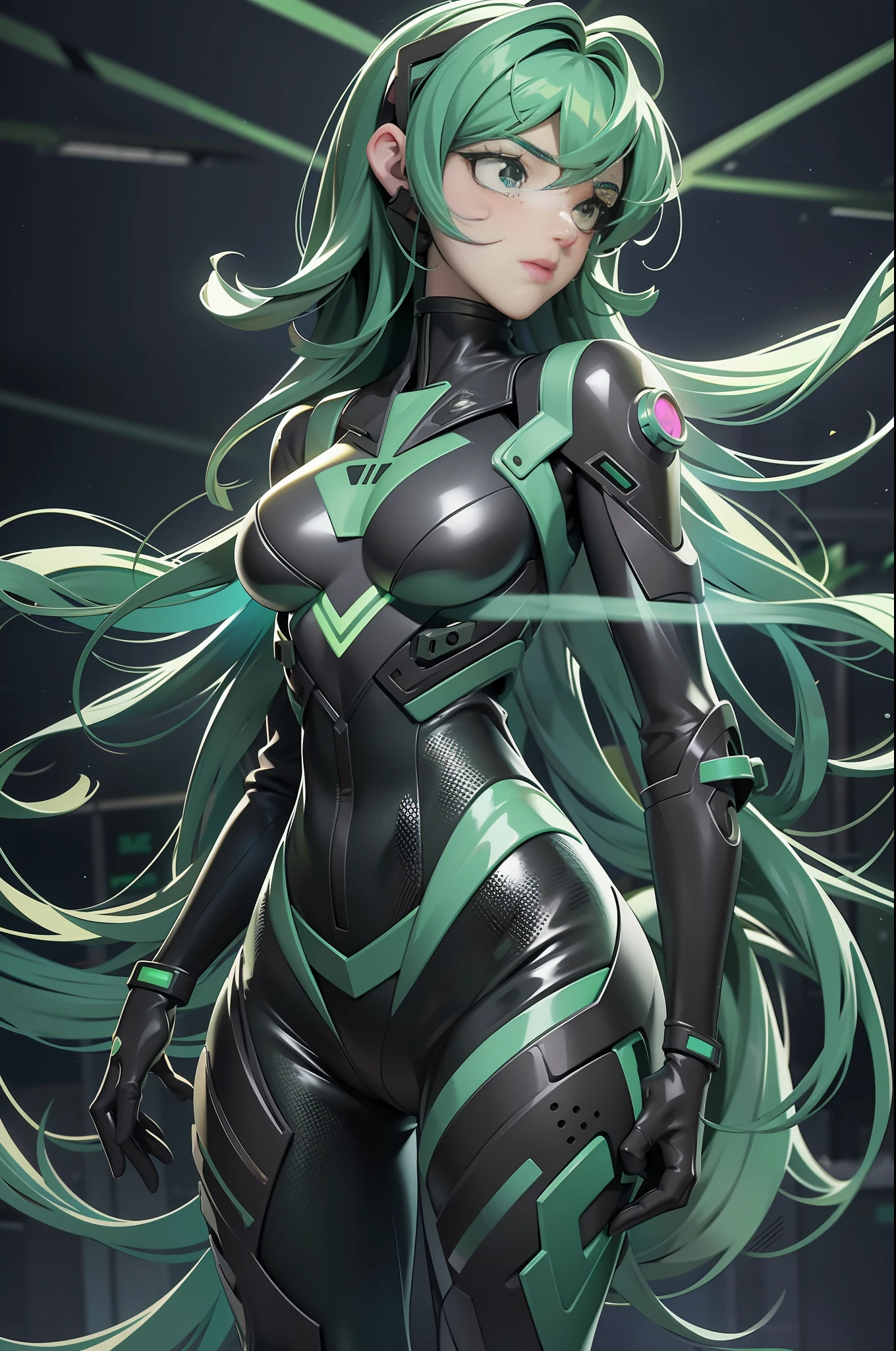 full body picture Unreal Engine 5 8K UHD of 2 beautiful women, forest green curly hair style, wearing Evangelion black plug suit, half face cyberpunk mask, futuristic neck collar, Sacramento green neon light details, cyberpunk city, dating with handsome boy, best quality, masterpiece