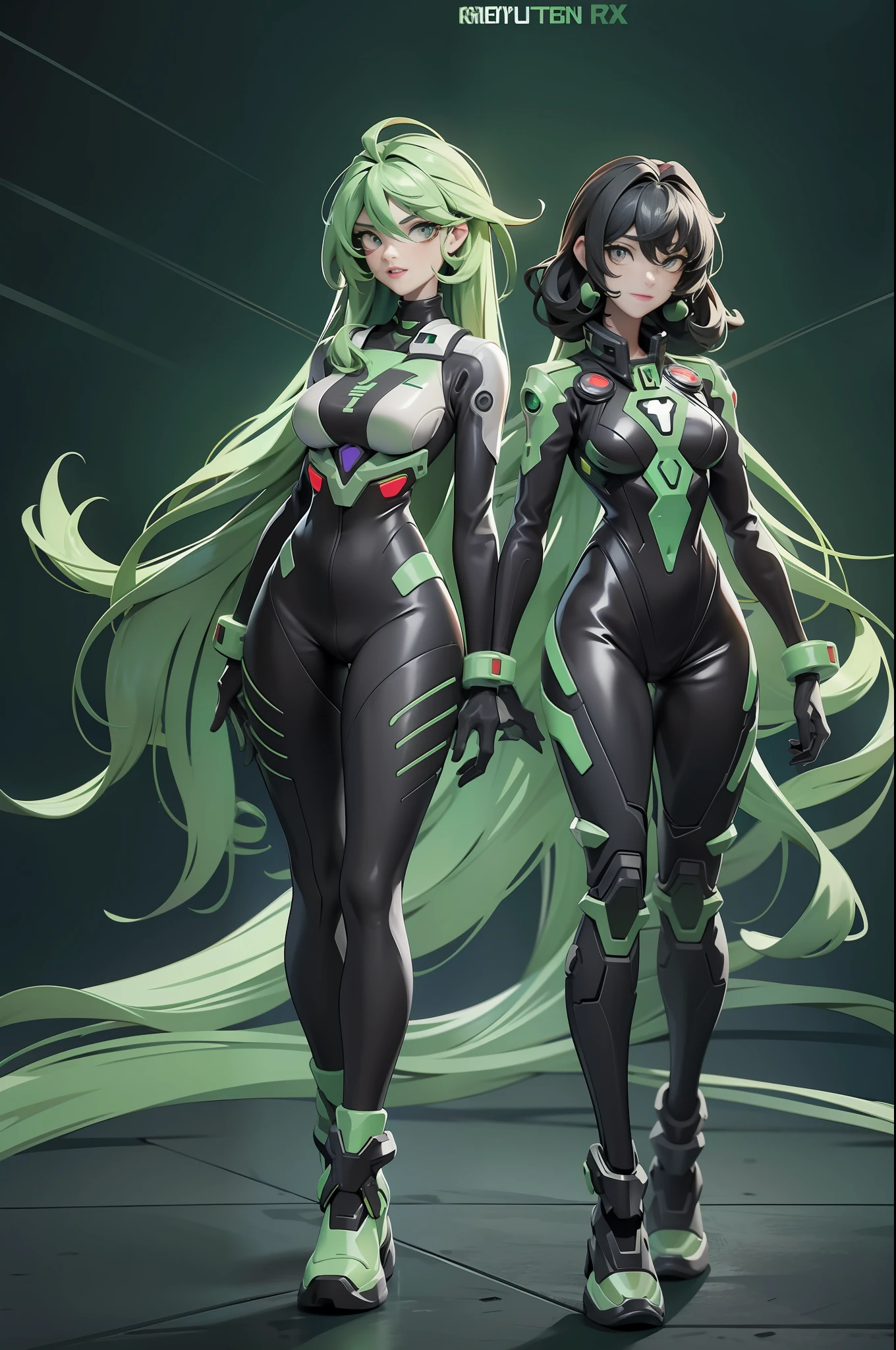 full body picture Unreal Engine 5 8K UHD of 2 beautiful women, forest green curly hair style, wearing Evangelion black plug suit, half face cyberpunk mask, futuristic neck collar, Sacramento green neon light details, cyberpunk city, dating with handsome boy, best quality, masterpiece