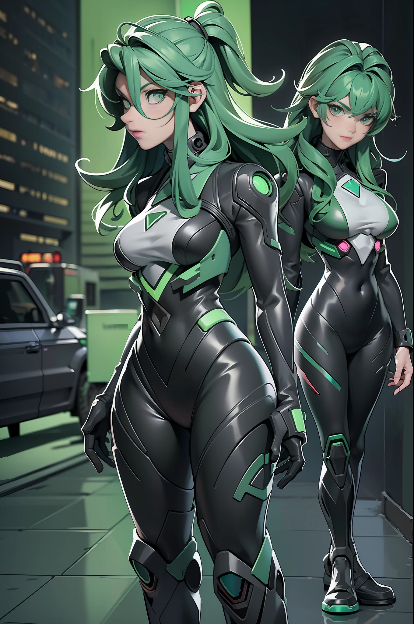full body picture Unreal Engine 5 8K UHD of 2 beautiful women, forest green curly hair style, wearing Evangelion black plug suit, half face cyberpunk mask, futuristic neck collar, Sacramento green neon light details, cyberpunk city, dating with handsome boy, best quality, masterpiece