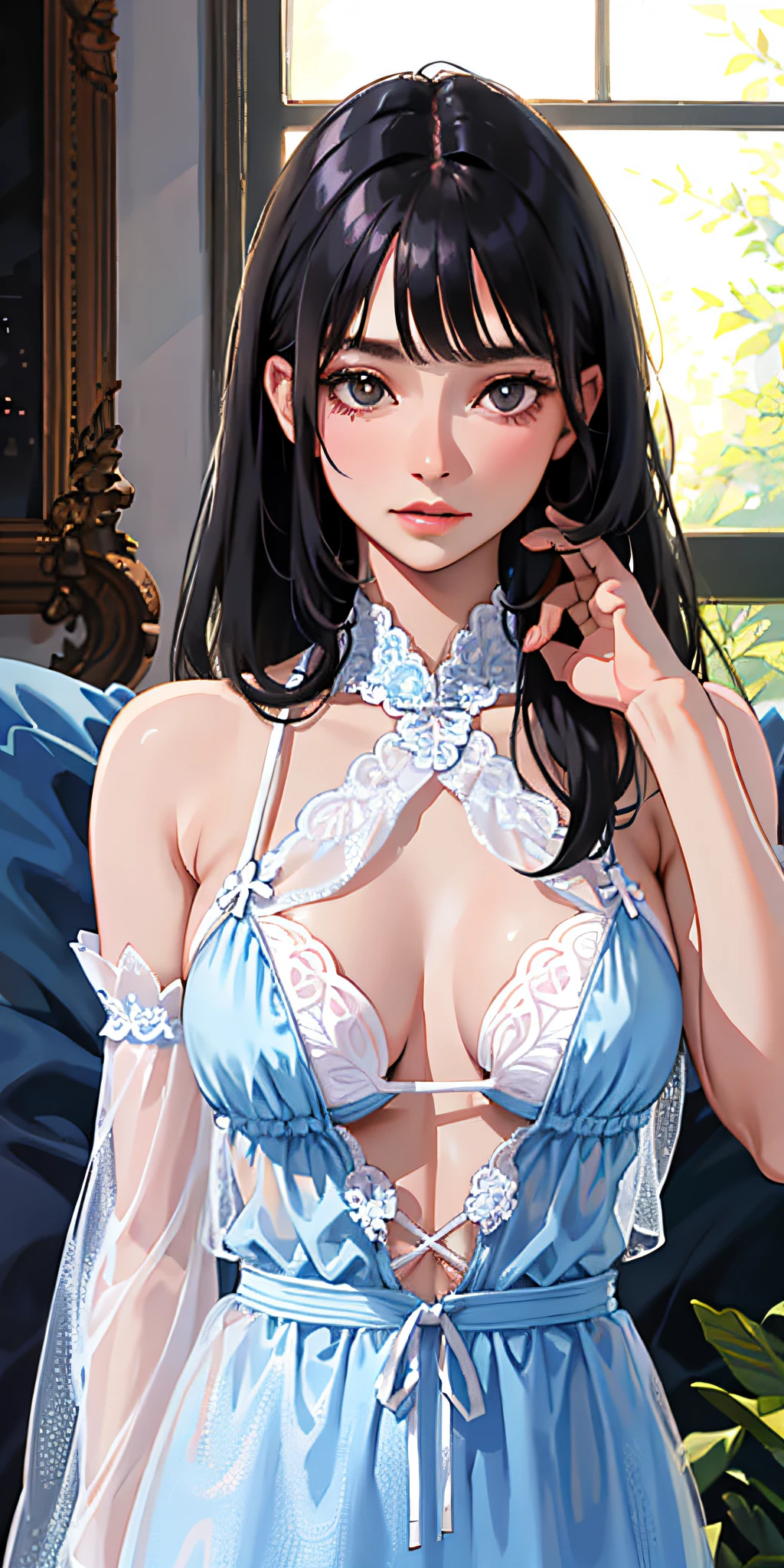 Best, Ultra High Quality, (Realistic, Photorealistic), Instagram (Photorealistic, HDTV: 1.4), Best Quality, Solo, Big, Indoors, See-through, Floral Bra Misalignment, Side Tie T-Back, Sprawl, From Top, Arm Outstretched, Thin Five Fingers, Anger, Bed, Disheveled Floral Underwear, Rough Breath, Sexual Expression, Black Hair, Long Hair