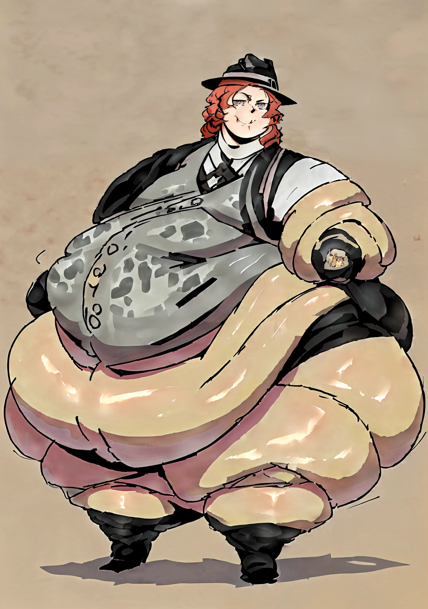 ((Detailed face and eyes:1.4))he has a jiggly fat round belly, thicc, ((his belly is fat and round, obese)), big belly, fat belly, extremely fat, fat man, obese, oppai proportions, small curvy ((one person:2.0)),((anime)),(Male) ,( handsome), (Chuuya Nakahara from Bungou Stray dogs), ((Grey vest,white shirt, black jacket oves the shoulder, Black fedora:1.6)), ((bacchanalian body)),((( huge fat thighs, immensely inflated Hips:1.9)))((Proportionally large arm and Legs:1.3)), ((chubby cheeks, double chins fat face)),((high quality:2.0)), ((Huge butt:1.9)) pose((right hand on hip)) expression ((Devious smirk )), ((Yokohama background), high quality!!! Masterpiece!!!!