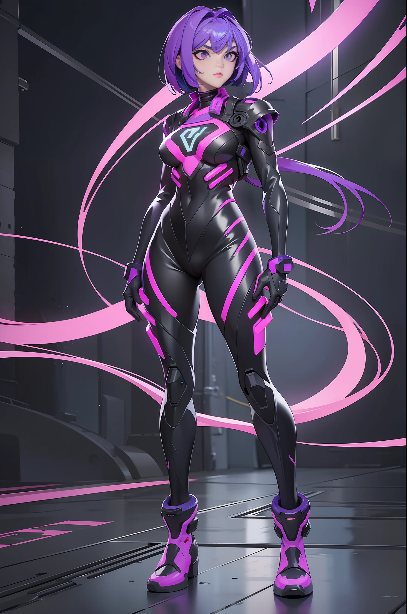 full body picture Unreal Engine 5 8K UHD of beautiful women, byzantine violet Bob hair style, wearing high technology Evangelion black plug suit, half face cyberpunk mask, futuristic neck collar, electric violet neon light details, cyberpunk military base, best quality, masterpiece