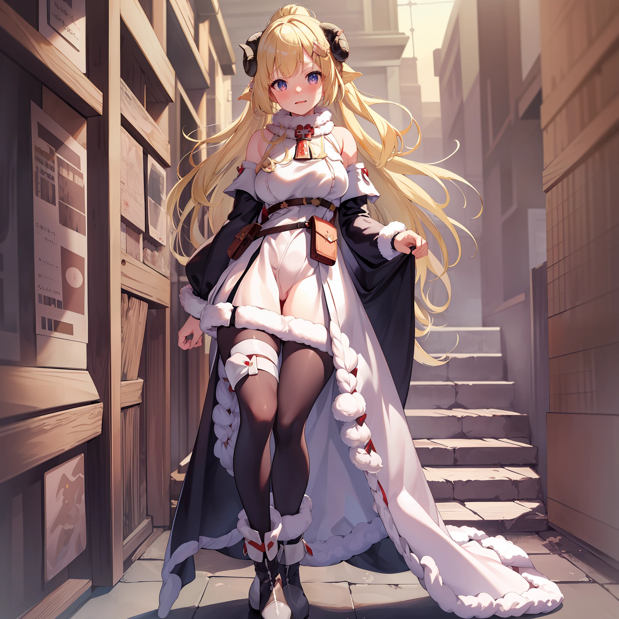 ((Masterpiece)), (Best Quality), Solo, Wadagi, Long Hair, WatameBase, Fur Trim Dress, White Dress, Bare Shoulders, Fur trimmed sleeves, Hairpin, Cloak, Belt bag, Brooch, Fur-trimmed boots, (NSFW:1.5), Full body