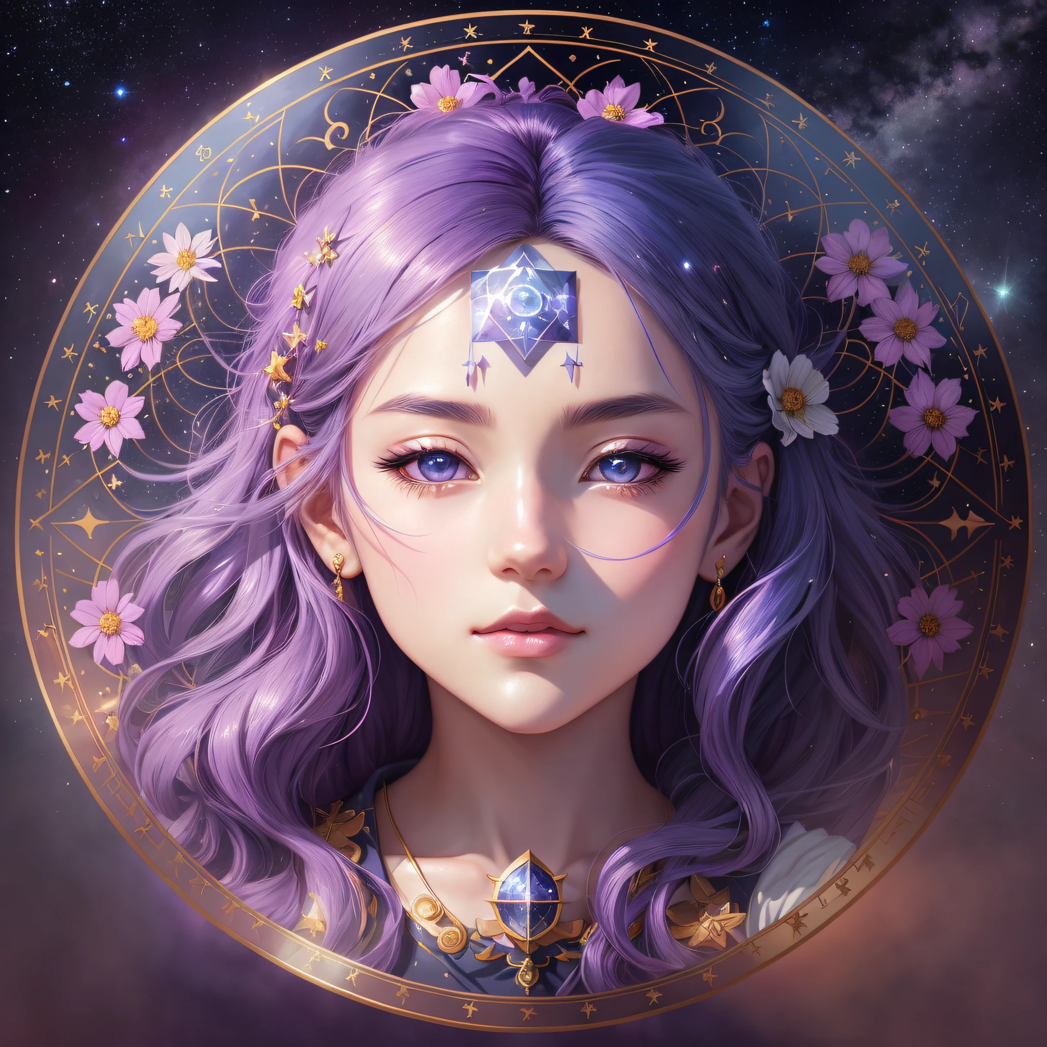 anime girl with purple hair and a diamond in her hair, portrait knights of zodiac girl, beautiful celestial mage, anime girl with cosmic hair, celestial goddess, portrait anime space cadet girl, goddess of space and time, goddess portrait, portrait of a cosmic goddess, stunning anime face portrait, fantasy art style, anime fantasy illustration, fantasy art portrait, beautiful fantasy art portrait