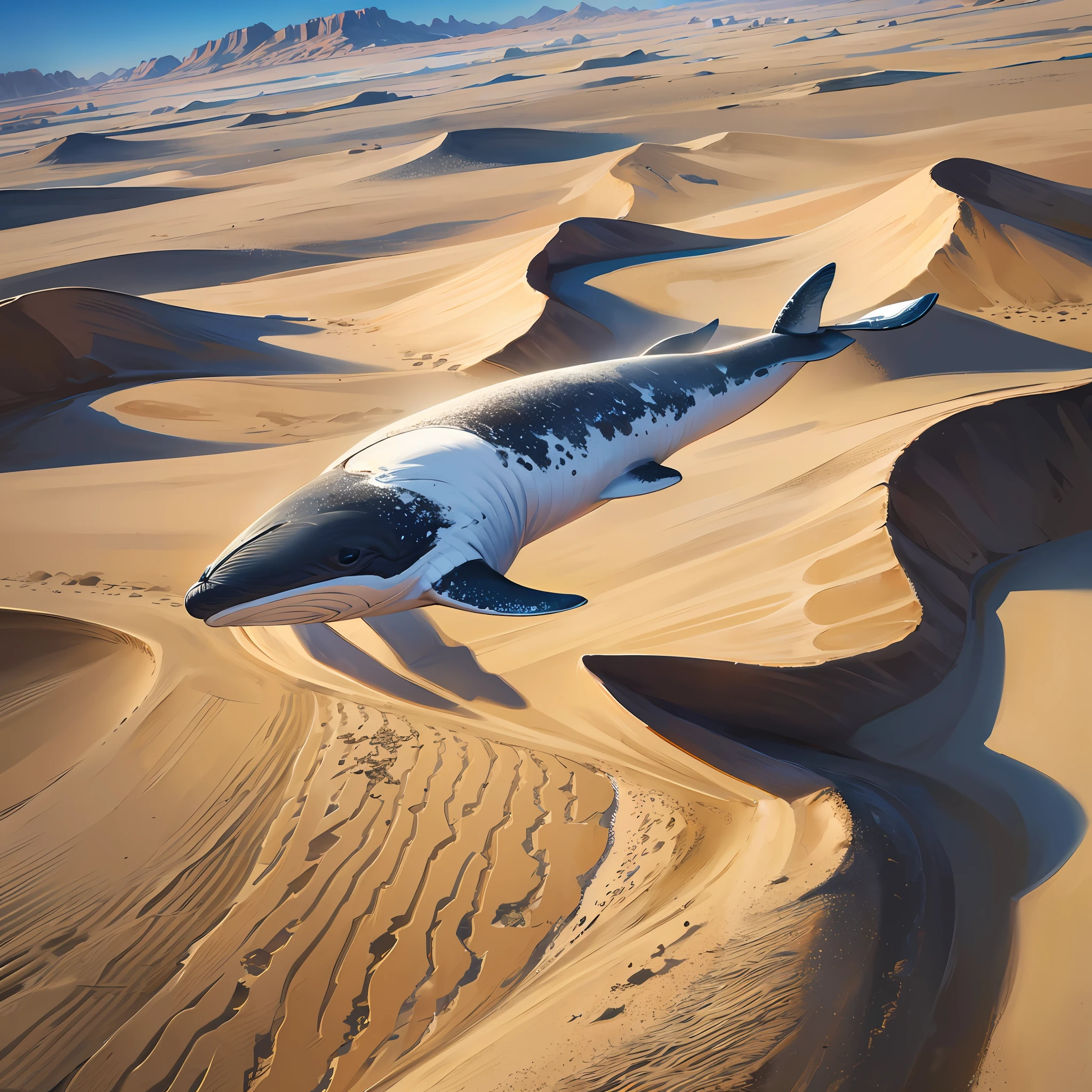 (a realistic flying whale flying in the desert with lots of details and textures of sand, a fantastic and magical feeling) --auto --s2