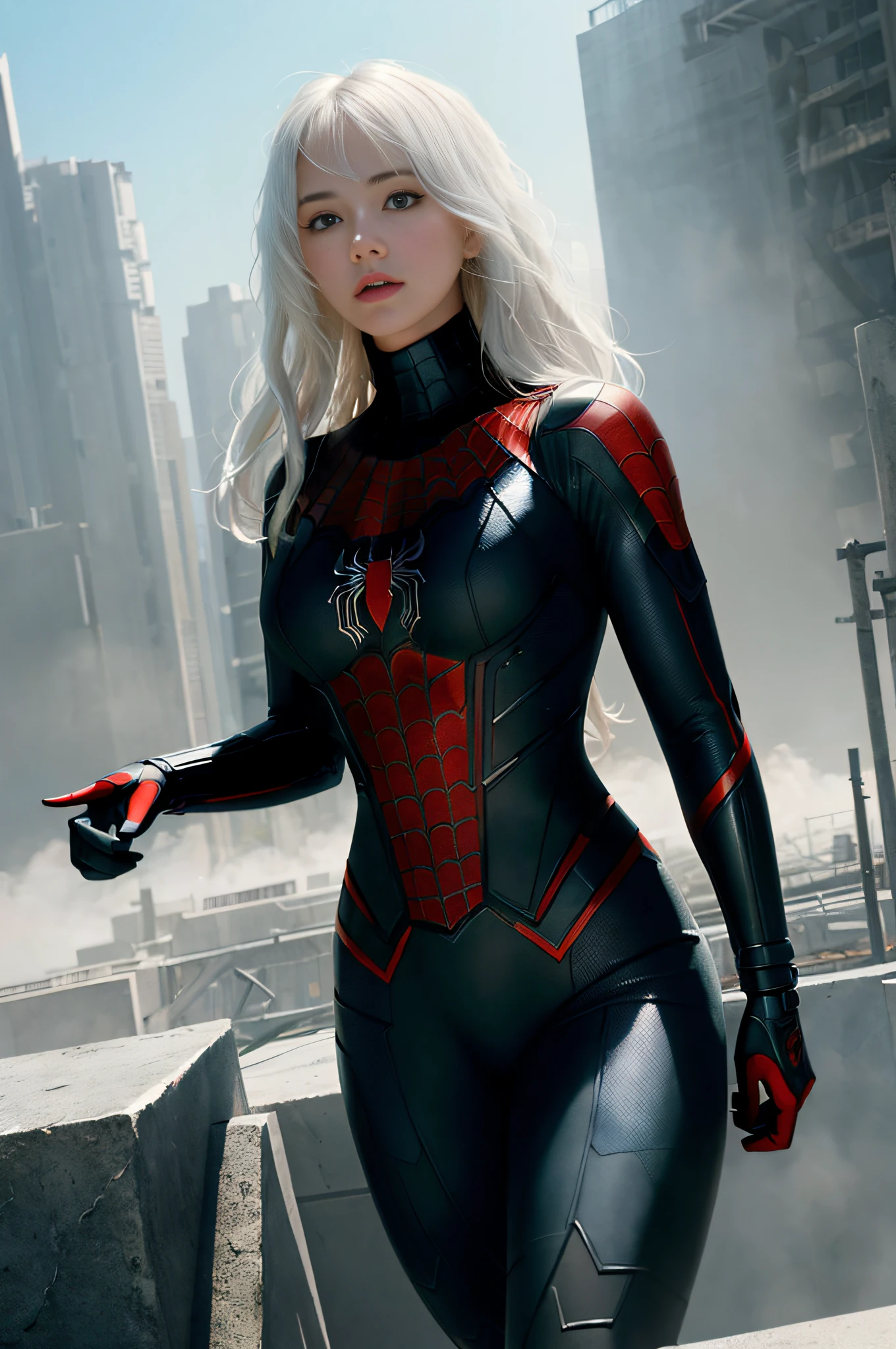 (1girl:1.3), solo, __body-parts__, official art, unified 8k wallpaper, super detailed, beautiful and aesthetic, beautiful, masterpiece, best quality, raw, masterpiece, super fine photo, best quality, super high resolution, photorealistic realism, sunlight, full body portrait, long white hair, amazing beauty, dynamic pose, delicate face, vibrant eyes, (from the front), she wears a full body black Spider-Man suit, spider, detailed face, Detailed complex busy background, messy, gorgeous, milky white, highly detailed skin, realistic skin details, visible pores, sharp focus, volumetric fog, 8k uhd, DSLR, high quality, film grain, fair skin, photo realism, lomography, huge metropolis in future dystopia, translucent