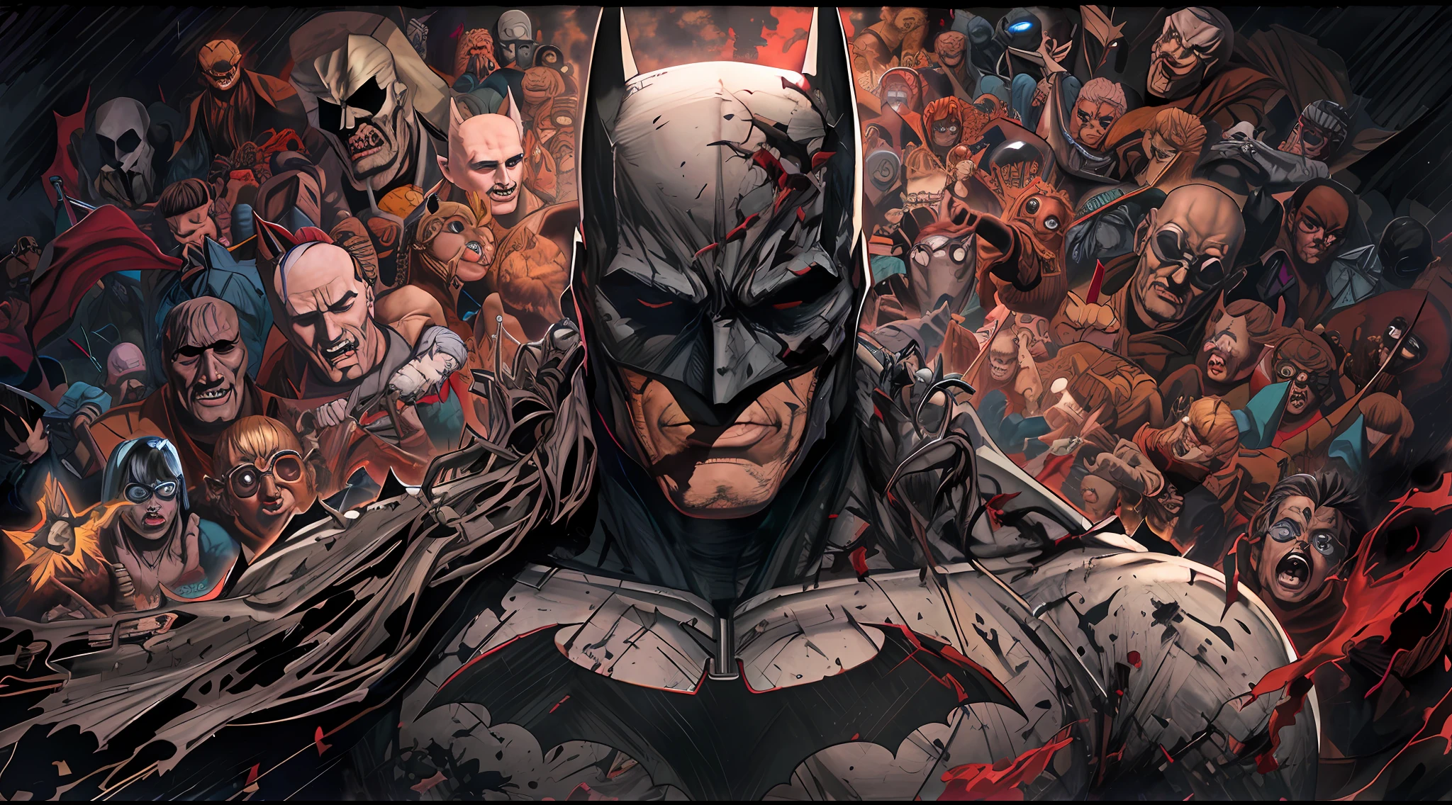 batman and the justice league are in a crowd of dead people, dc comics art style, in batman comic book, high detail comic book art, epic comic book art, neal adams | centered, dc art, dc comic, batman portrait, inspired by Jim Lee, arkham, batman as a zombie!!!!!!!, jason fabok, in batman comics, batman as a zombie