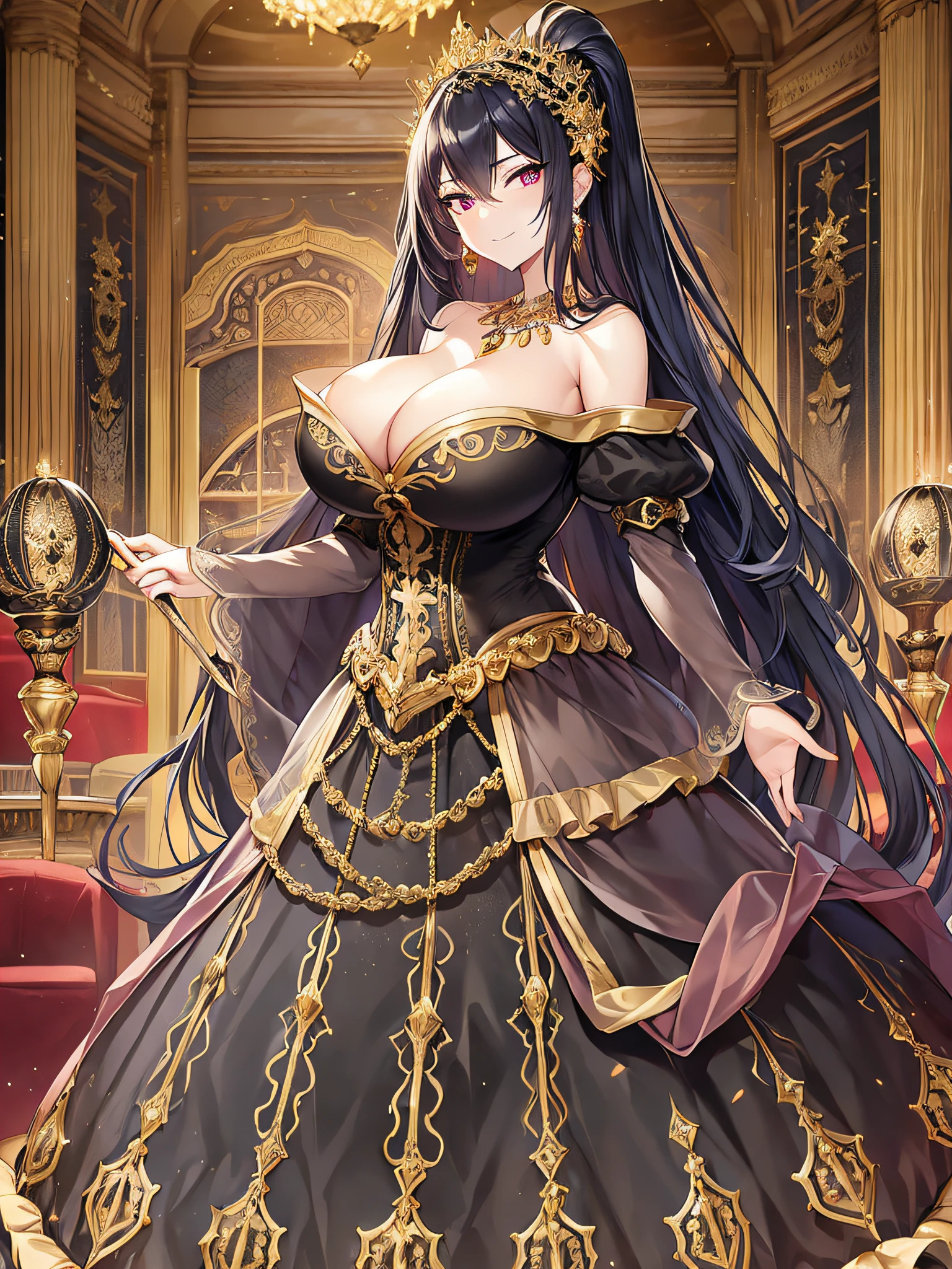 ((anime moe artstyle)),((Masterpiece)), (Best Quality), (Super Detail), Illustration, (((Very Delicate and Beautiful))),Dynamic Angle,Looking at viewer,((((Solo)))),(((Full body))),(((1 arrogant cute empress in black ball gown))),((holding a scepter in one hand)),(standing),nt pose,(arrogant),(((haughty smile))),Purple eyes,(Sharp eyes),Detailed Face, Long Eyelashes,Jet Black Hair,Straight Hair,((Very Long Hair)),Bangs between eyes,((((gigantic breastleavage,((skion)),curvy,off shoulder,See-through,(gorgeous embroidered black and gold rococo ball gown),(fluffy rococo ball gown with gorgeous embroidery),((gold trim)),(((hoop skirt))),long skirt,corset,crinoline,opera gloves,Beautifully Gorgeous jeweled big tiara,Beautifully Gorgeous gem earrings,Beautifully Gorgeous jeweled necklace,Beautifully Gorgeous jeweled ornaments,indoor,light particles,royal palace,