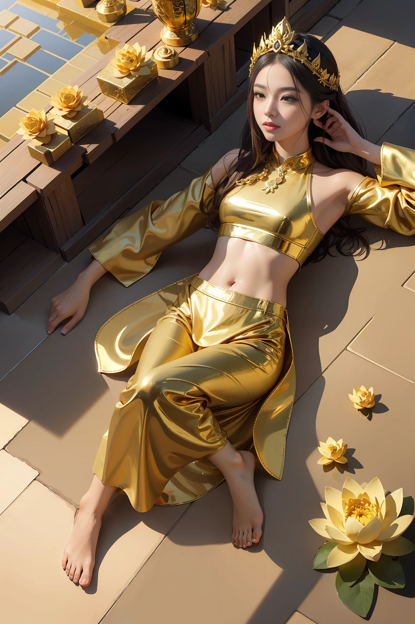 Golden sky, the ground is covered with gold bricks, square gold bricks, the ground is as flat as a mirror, a pool covered with golden sand, no walls, lotus flowers as big as wheels, colorful lotus flowers, people in the sky, with five Buddha crowns