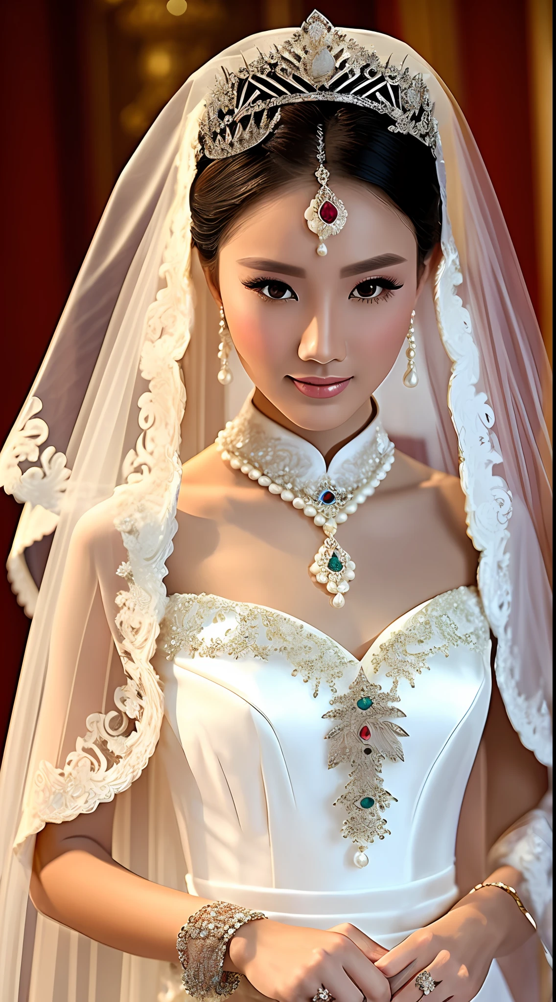 Close-up of a wedding woman wearing a veil, Chinese style wedding dress, precise facial features, pearl round and jade, beautiful and delicate and elegant, wearing a beautiful dress, (((beautiful fantasy queen)), draped in crystal, dreamy and detailed, complex and elegant, detailed dress and face, white palatial dress, gorgeous dress, detailed complex elegance, beautiful dress, veil and jewelry, exquisite details perfect, beautiful details --auto --s2