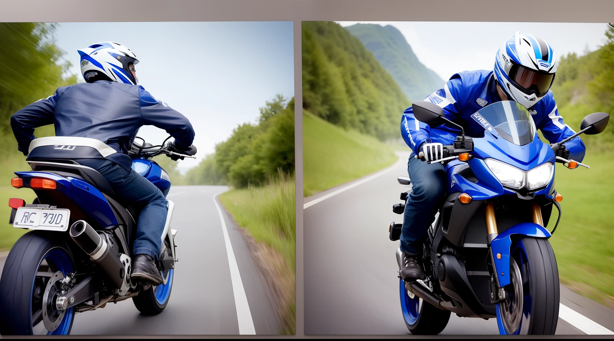 [Illustration Split Shot] comic page, there are multiple images on one page: a Chinese man with a green backpack, riding a blue-and-white motorcycle, driving on a path in the field (back, third view, GoPro, f/2.8, motion blur, diffuse backlight). [Multi-angle continuous shooting] in Nicolas Bouvier's style, cobalt blue and reflective silver, motion picture film P30, split composition