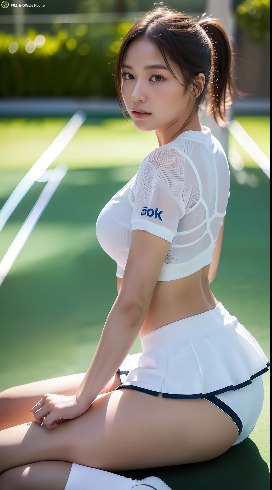 White tennis uniform, skort, knees bent and spread legs sitting, beautiful thighs, shiny thighs, tennis court, white undercoat, woman with fish face, round face, short cut, sitting in front, straight forward photo, round face, 24 years old (8k, highest quality, masterpiece: 1.2), (realistic, photorealistic: 1.37), ultra detailed, top quality, ultra high resolution, Professional Lighting, Photon Mapping, Radiosity, Physically Based Rendering, Cinematic Lighting, Depth of Field, Focusing, Sun Rays, Good Composition, (Bokeh: 1.2), 1 Girl, (Full Body), Beautiful Eyes, Pose, Big Ass, Frontal, Short Cut, Sit on the Floor, Beautiful Eyes