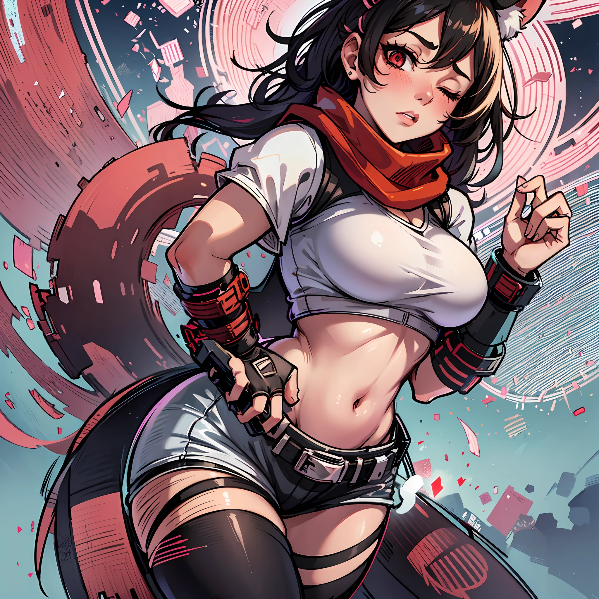 Best quality, melancholy expression, white cat ear hair, red eyes, black sports bra, sunset, band-aid, black-brown skin, blush, red scarf, hairpin on head, hairpin in the shape of a cat, black shorts, vest line, busty, eyes closed, sun on face, big ass, fat buttocks, big breasts, full body close-up