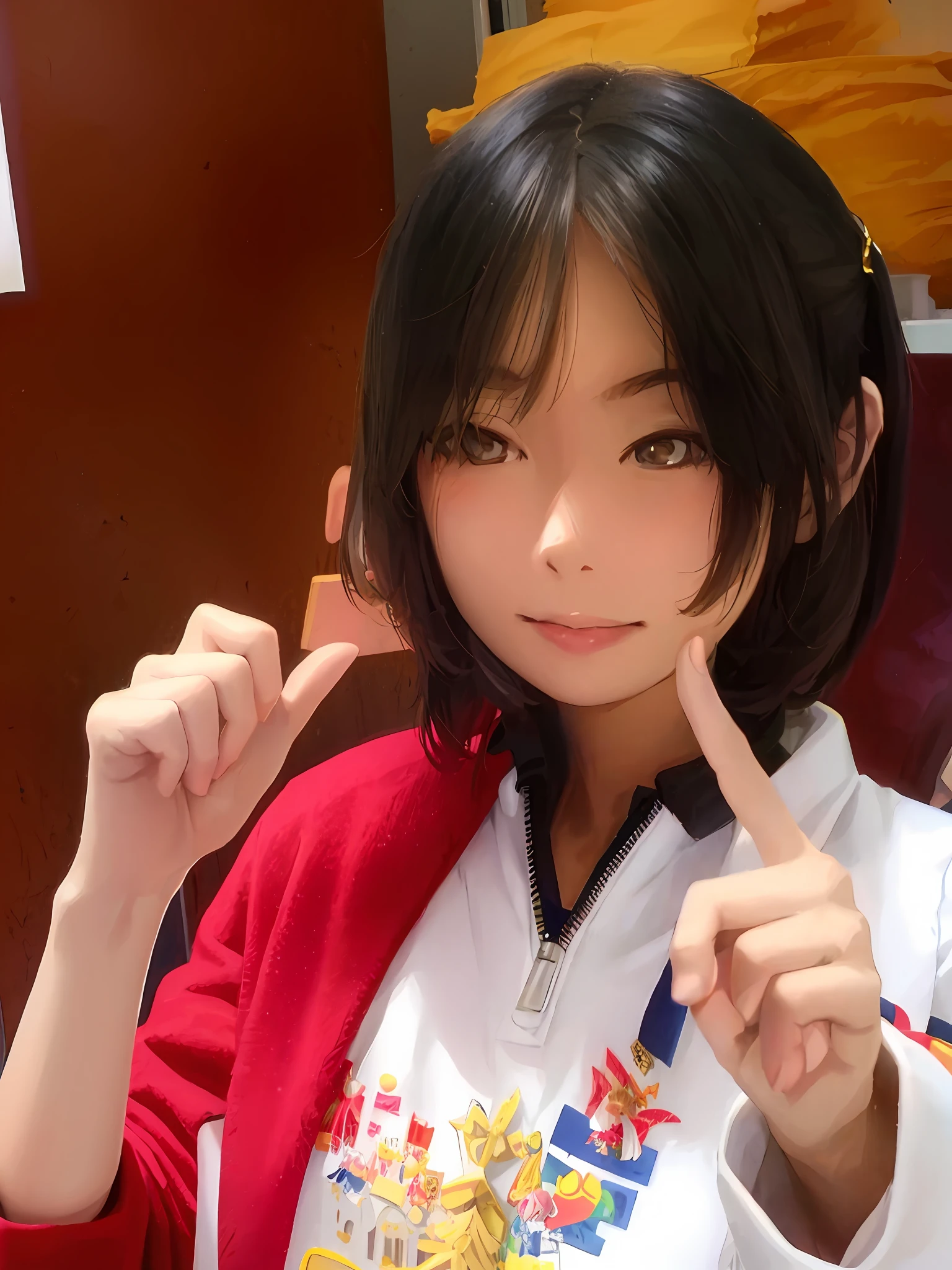 there is a woman that is holding a finger up to her face, chiho, with index finger, sakimi chan, xintong chen, aoshima chiho, hana yata, kimi takemura, with cute - fine - face, nishimiya shouko, yukii morita, shikamimi, shiori teshirogi, junko enoshima