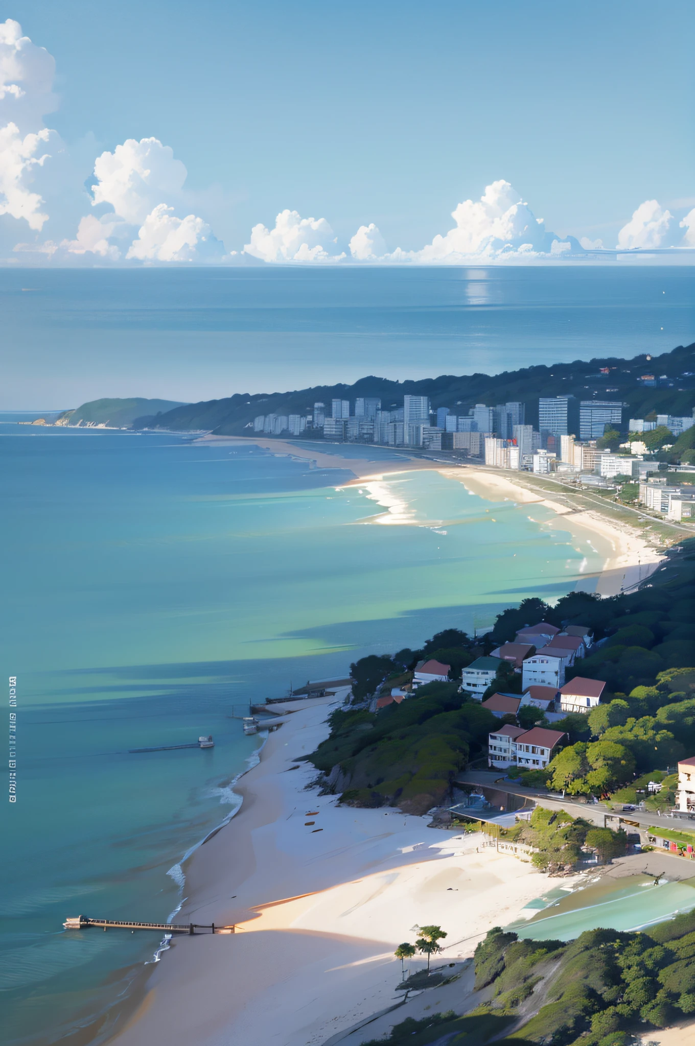 aerial view of a beach with a building and a beach, overhead shot, in a beachfront environment, outstanding detail, overlooking the beach, seen from above, on a sunny day, salvador, by Felipe Seade, beach, 4 k post, 4k post, bird's view, long beach background, by Niko Henrichon, view from above on seascape
