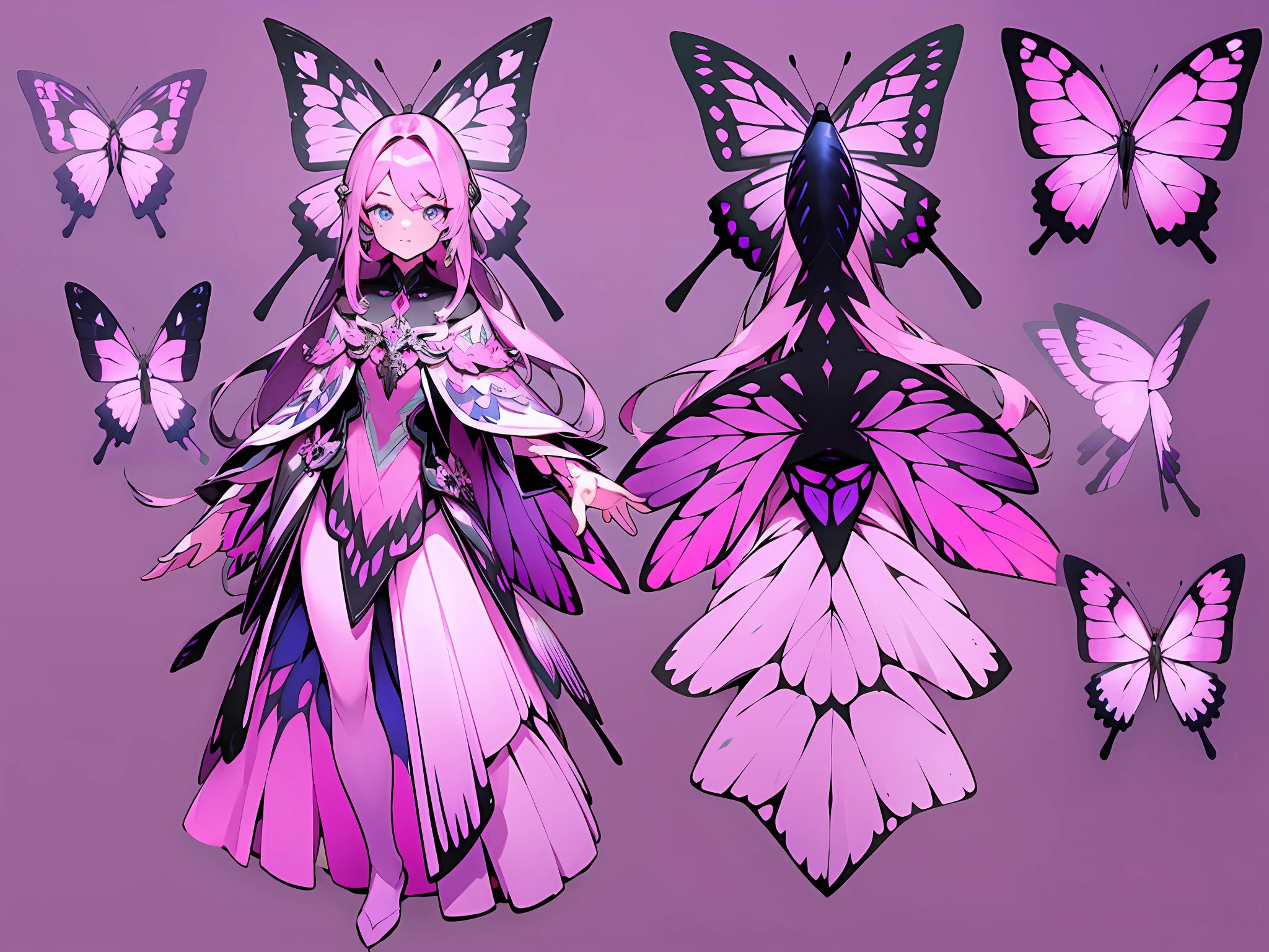 ((masterpiece)),(((best quality))),((character design sheet,same character,front,side,back)),illustration,1 girl,long hair,hair on eyes, colorfull hair,beautiful eyes,environment Scene change, pose too, pink color palette, neon colors, female butterfly, butterfly antennae, holds a crosier, charturnbetalora, 8k,16k, (simple background, white background: 1.3)