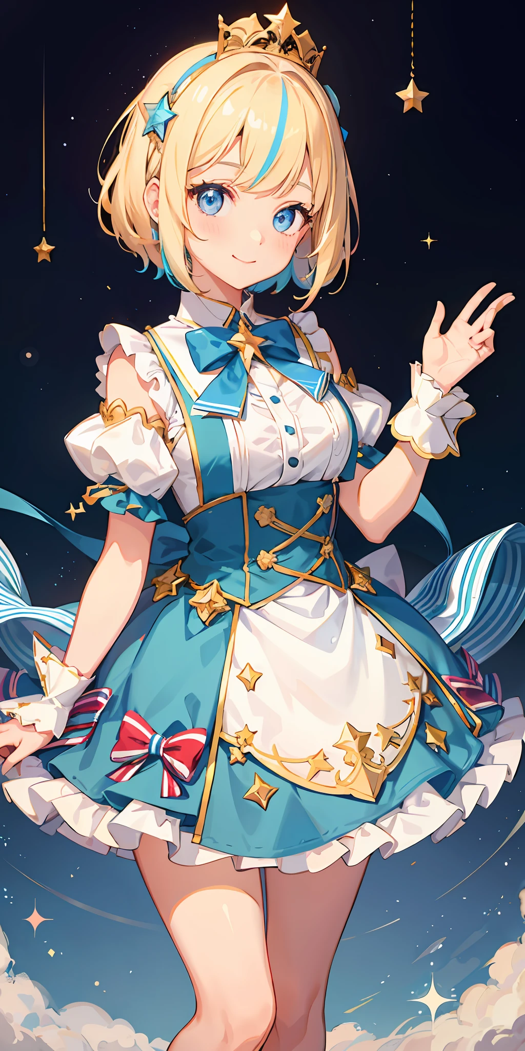 1girl, bright, blonde, light blue eyes, star motif, short hair, uniform bangs, multicolored hair, princess, dog, saleme, side light, light particles, wallpaper, big, plump, idol, idol costume, cute costume, fabulous outfit, dress, loose, fluffy, smile, gentle, clear, loli