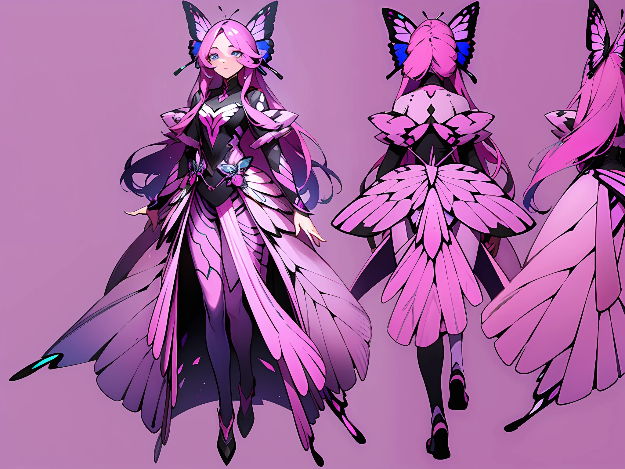 ((masterpiece)),(((best quality))),((character design sheet,same character,front,side,back)),illustration,1 girl,long hair,hair on eyes, colorfull hair,beautiful eyes,environment Scene change, pose too, pink color palette, neon colors, female butterfly, butterfly antennae, holds a crosier, charturnbetalora, 8k,16k, (simple background, white background: 1.3)