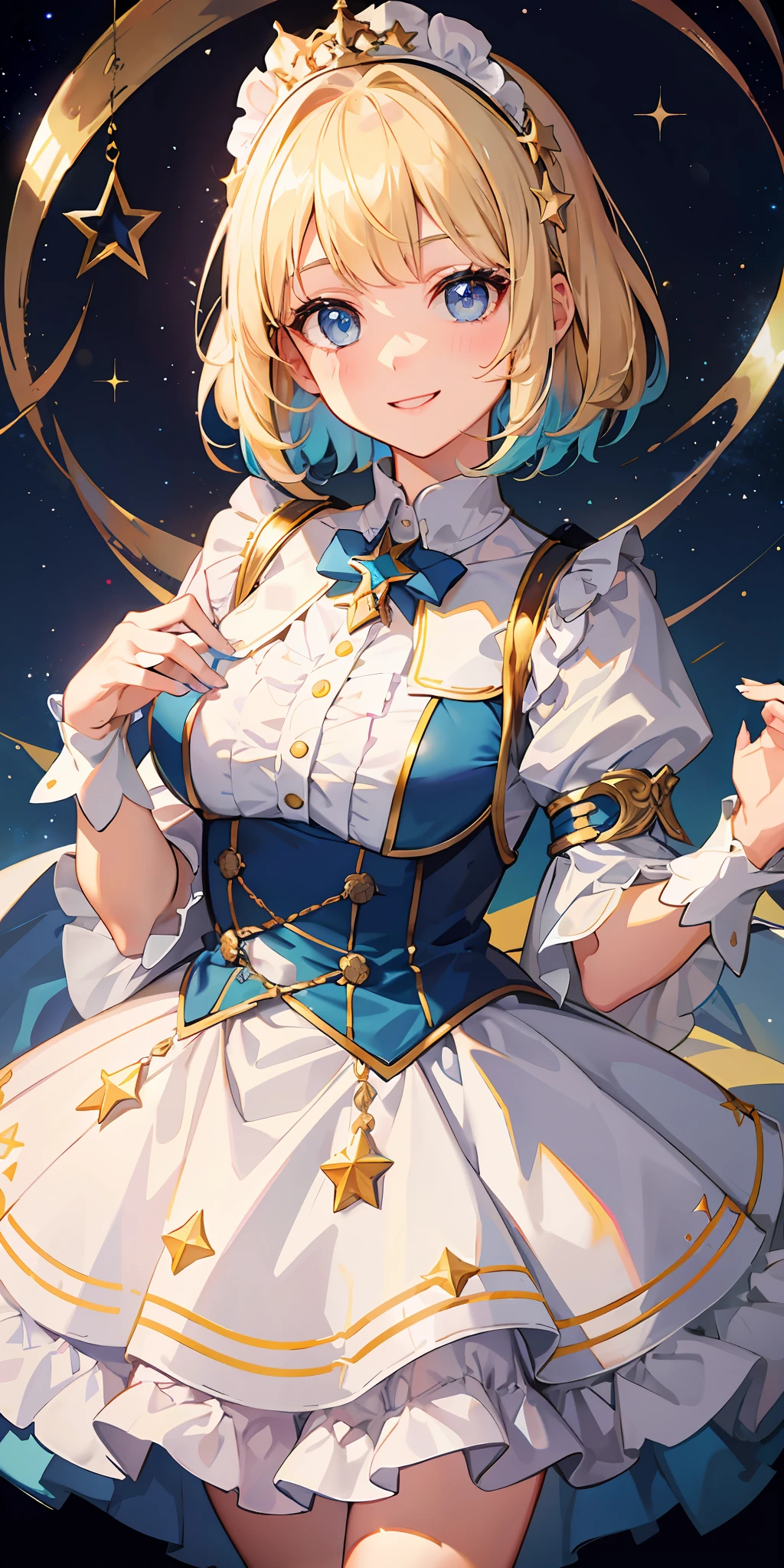 1girl, bright, blonde, light blue eyes, star motif, short hair, uniform bangs, multicolored hair, princess, dog, saleme, side light, light particles, wallpaper, big, plump, idol, idol costume, cute costume, fabulous outfit, dress, loose, fluffy, smile, gentle, clear, loli
