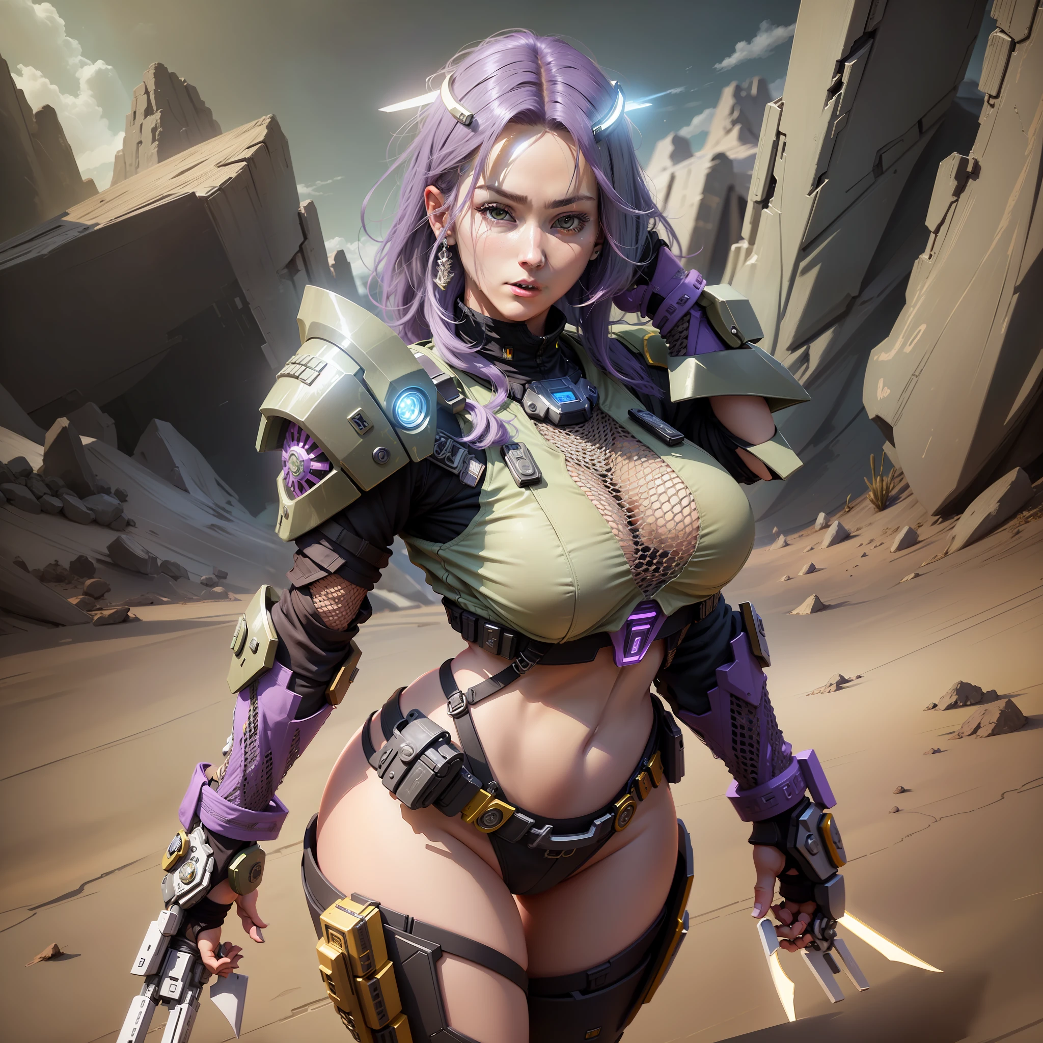 27-year-old female, with short straight deep purple hair, large breasts and large butt, wearing Halo Master Chief armor, with halo military base background, highly detailed, hyper-realistic, 8k resolution, highly detailed face features, cinematic side lighting