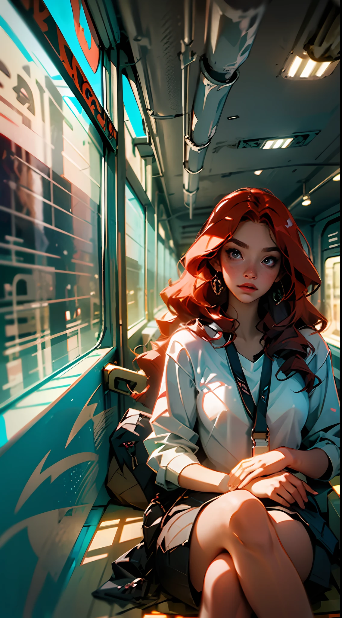 Beautiful red-haired girl with long wavy red hair riding the train, several people, artificial lighting, background a city seen through the train window --auto --s2