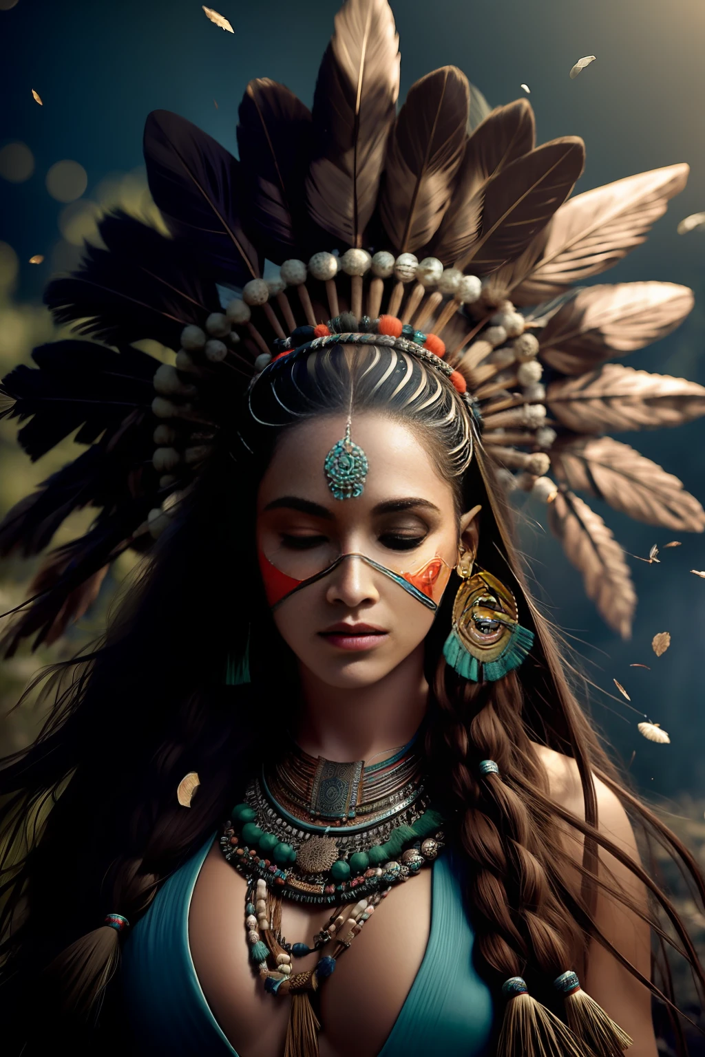 (full portrait), (half shot), solo, detailed background, detailed face, (stonepunkAI, stone theme:1.1), wise, (female), (native american), (beautiful hair, braids:0.2), shaman, septum piercing, mystical, (gorgeous face), stunning, head tilted upwards, (eyes closed, serene expression), calm, meditating, Seafoam Green frayed clothes, prayer beads, tribal jewelry, feathers in hair, headdress:0.33, jade, obsidian, detailed clothing, cleavage, realistic skin texture, (floating particles, water swirling, embers, ritual, whirlwind, wind:1.2), sharp focus, volumetric lighting, good highlights, good shading, subsurface scattering, intricate, highly detailed, ((cinematic)), dramatic, (highest quality, award winning, masterpiece:1.5), (photorealistic:1.5), (intricate symmetrical warpaint:0.5),