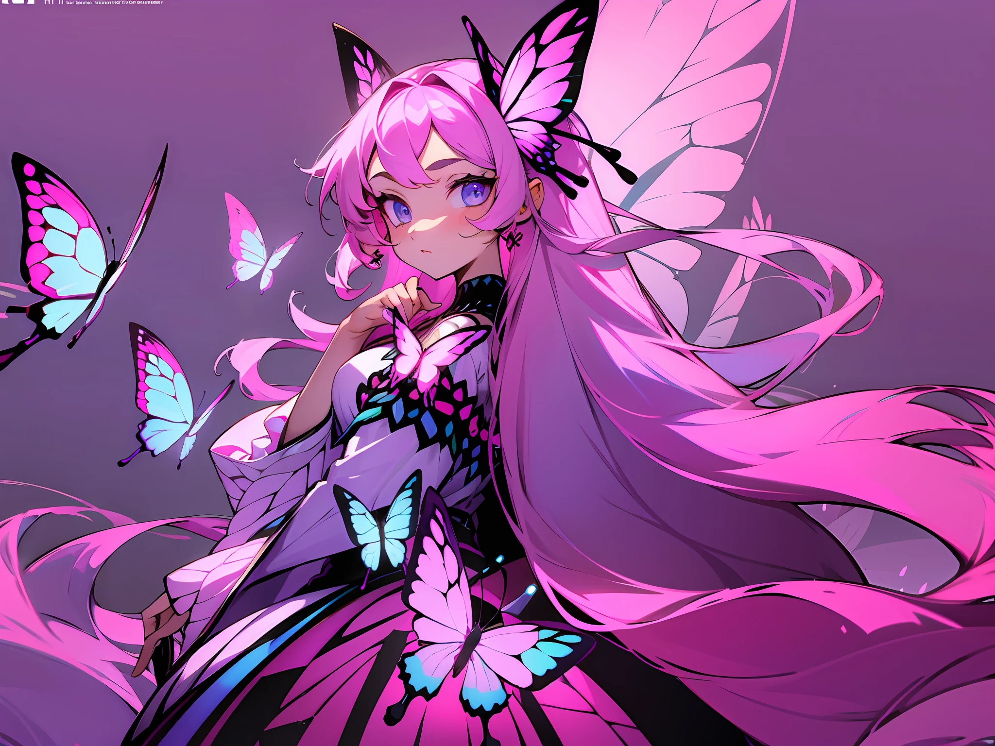 ((masterpiece)),(((best quality))),((character design sheet,same character,front,side,back)),illustration,1 girl,long hair,hair on eyes, colorfull hair,beautiful eyes,environment Scene change, pose too, pink color palette, neon colors, female butterfly, butterfly antennae, holds a crosier, charturnbetalora, 8k,16k, (simple background, white background: 1.3)