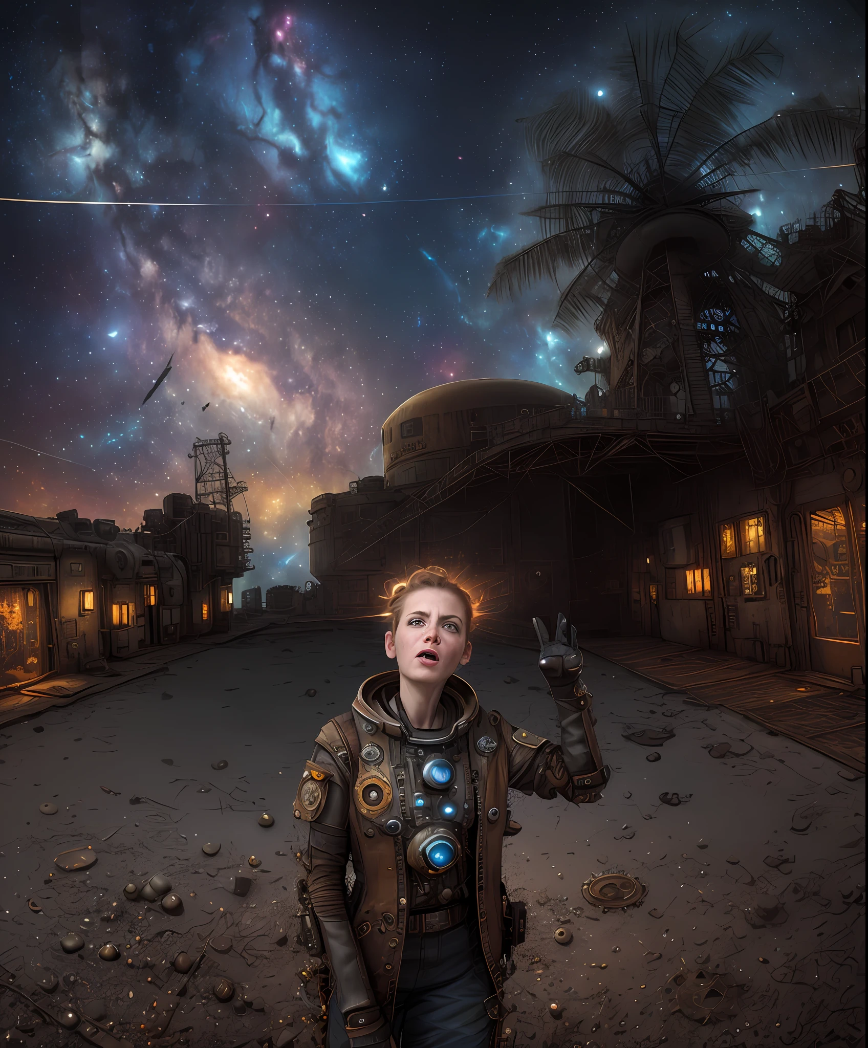 award winning studio photo portrait steampunk rusted 40yo sexy female cyborg robot wearing pilot helmet (sitting in steampunk space station, big windows with space background, nebula, stars,milkyway:1.4), (close up:1.5), metal futuristic armor, detailed texture, detailed eyes, sharp focus, hd, hdr, 8k, reflection, copper bolts, copper rivets, pistons, torn cable, tubes, front view, looking at viewer, extreme fisheye photography, cinematic, spectacular, action movie, depth of field, (open mouth, frown, fear, shocked, wide open eyes, intricate face details, skin pores:1.4), space accident