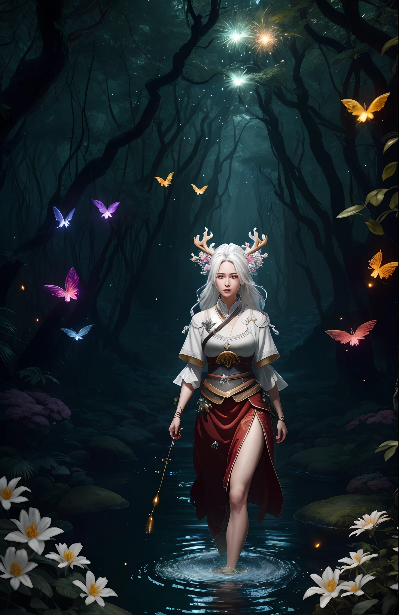 Masterpiece, best quality, (very detailed CG unified 8k wallpaper), (best quality), (best illustration), (best shadow), close-up of a woman with white hair and white mask, beautiful figure painting, Guvitz, Guvitz-style artwork, white-haired god, Yang J, epic exquisite character art, amazing character art, Fan Qi, Wu Jun Shifan, Guviz in pixiv art station, glowing elf, with a glowing deer, drinking water in the pool, Natural elements in forest theme. Mysterious forest, beautiful forest, nature, surrounded by flowers, delicate leaves and branches surrounded by fireflies (natural elements), (jungle theme), (leaves), (branches), (fireflies), (particle effects) and other 3D, Octane rendering, ray tracing, super detailed