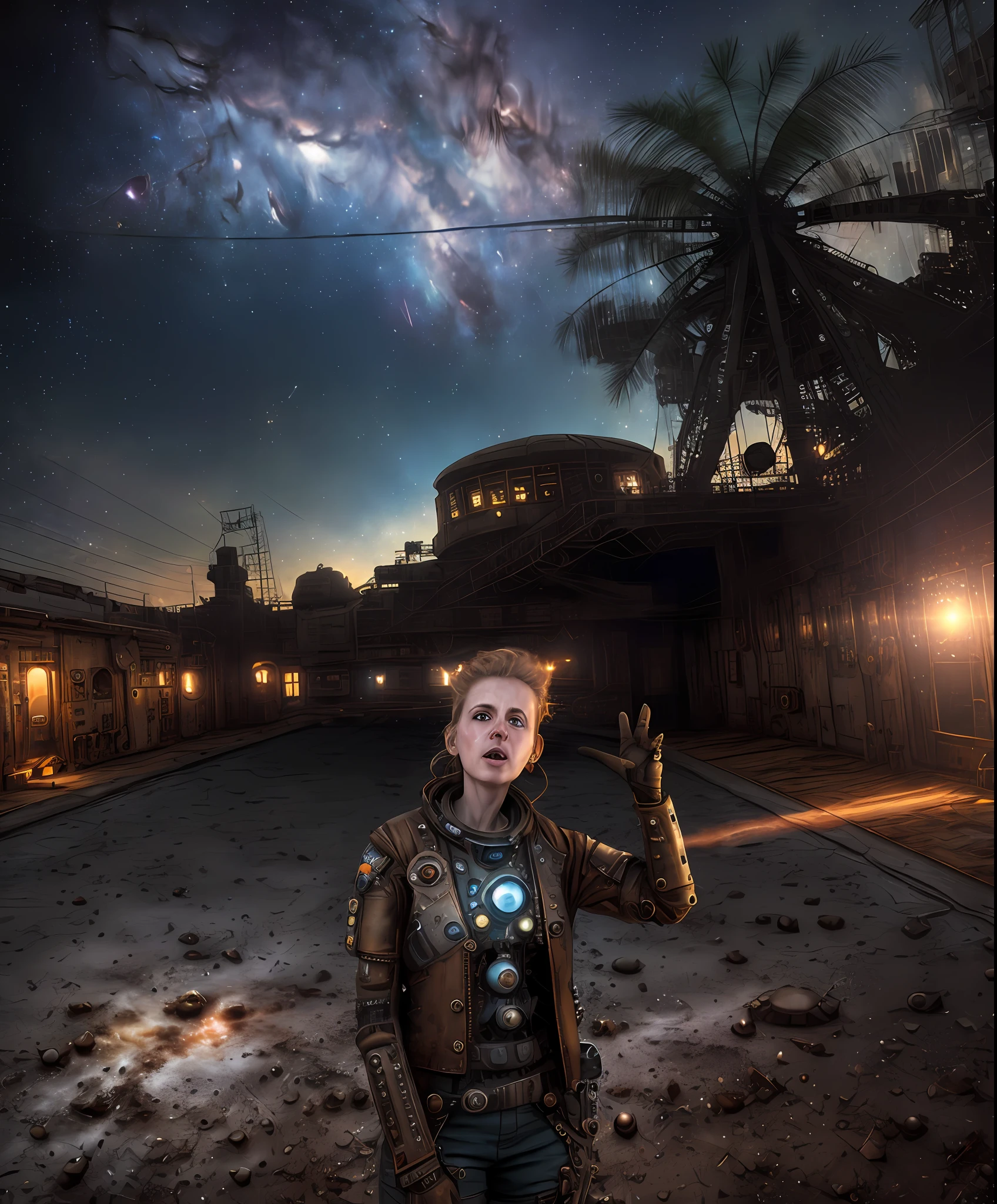 award winning studio photo portrait steampunk rusted 40yo sexy female cyborg robot wearing pilot helmet (sitting in steampunk space station, big windows with space background, nebula, stars,milkyway:1.4), (close up:1.5), metal futuristic armor, detailed texture, detailed eyes, sharp focus, hd, hdr, 8k, reflection, copper bolts, copper rivets, pistons, torn cable, tubes, front view, looking at viewer, extreme fisheye photography, cinematic, spectacular, action movie, depth of field, (open mouth, frown, fear, shocked, wide open eyes, intricate face details, skin pores:1.4), space accident