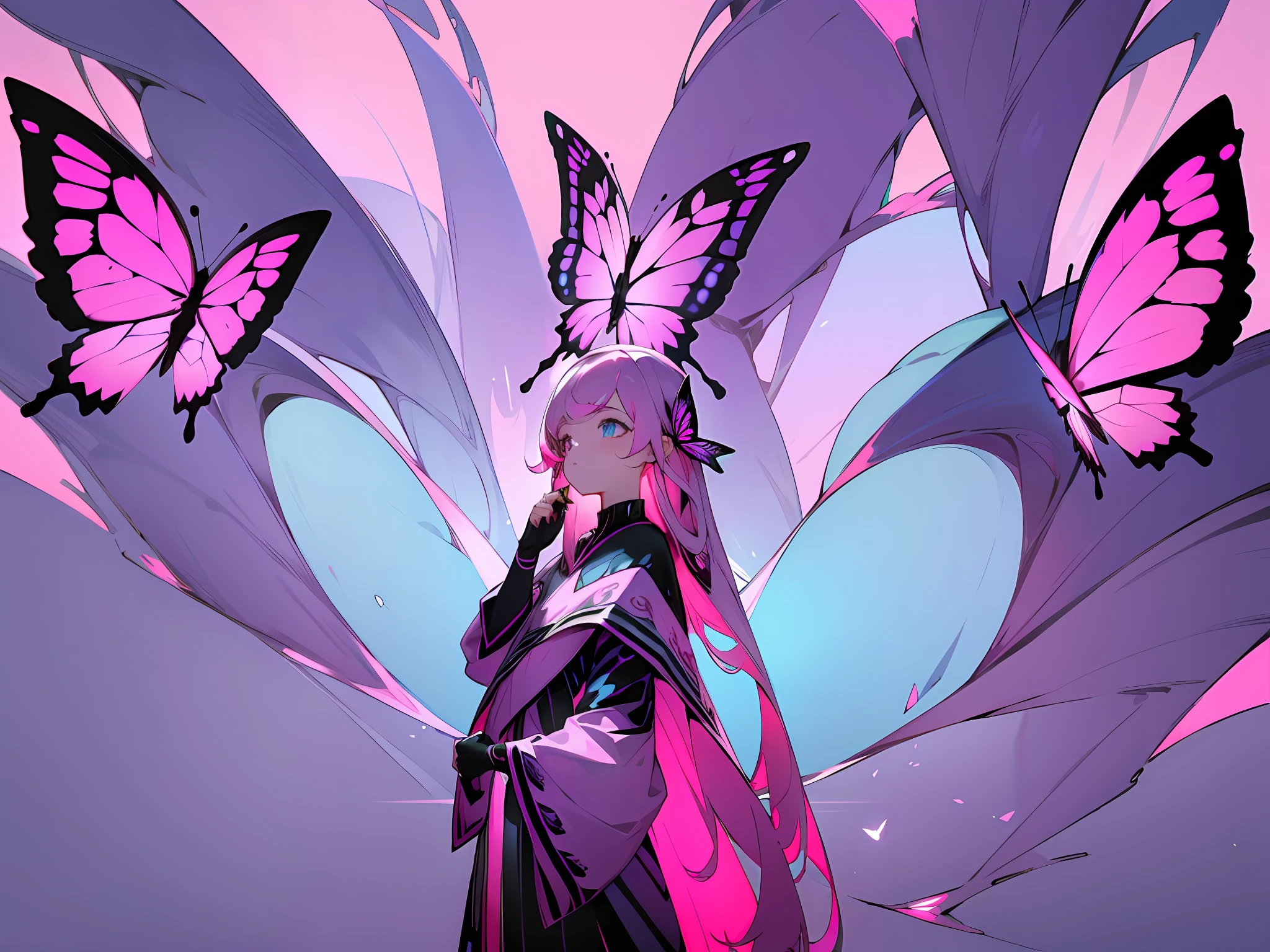 ((masterpiece)),(((best quality))),((character design sheet,same character,front,side,back)),illustration,1 girl,long hair,hair on eyes, colorfull hair,beautiful eyes,environment Scene change, pose too, pink color palette, neon colors, female butterfly, butterfly antennae, holds a crosier, charturnbetalora, 8k,16k, (simple background, white background: 1.3)