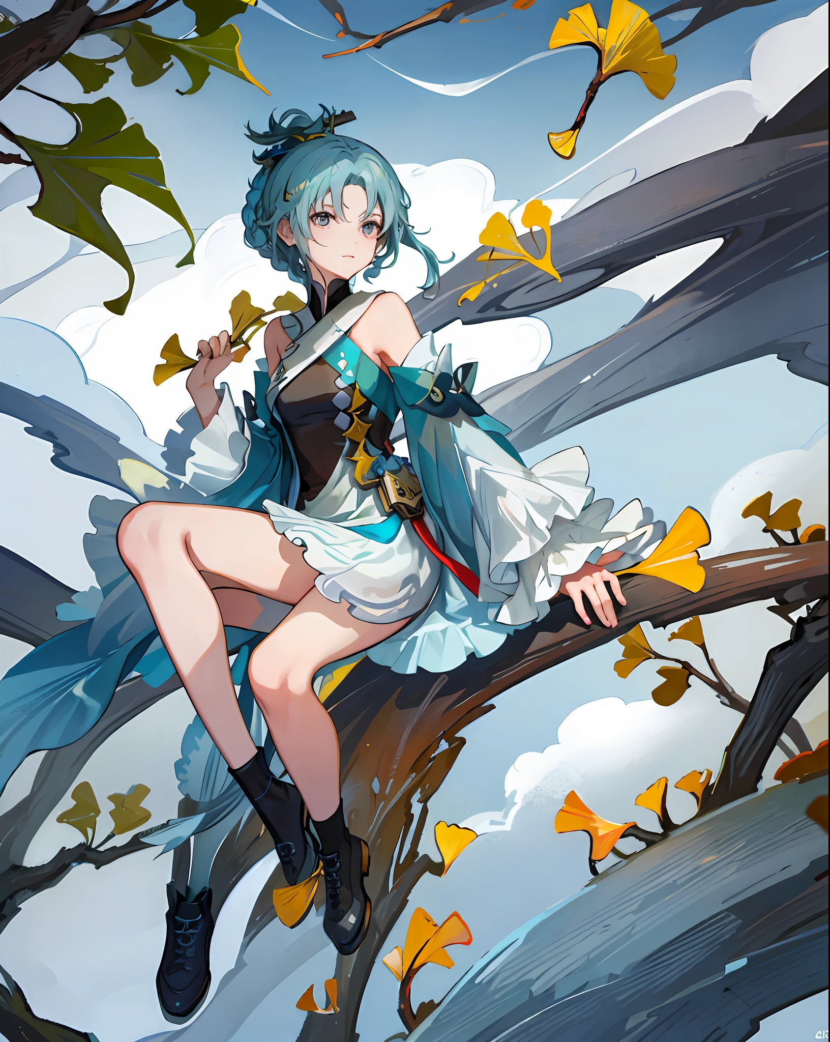 streetwardrambler,1girl,sitting,outdoors,garden,
ginkgo leaf,