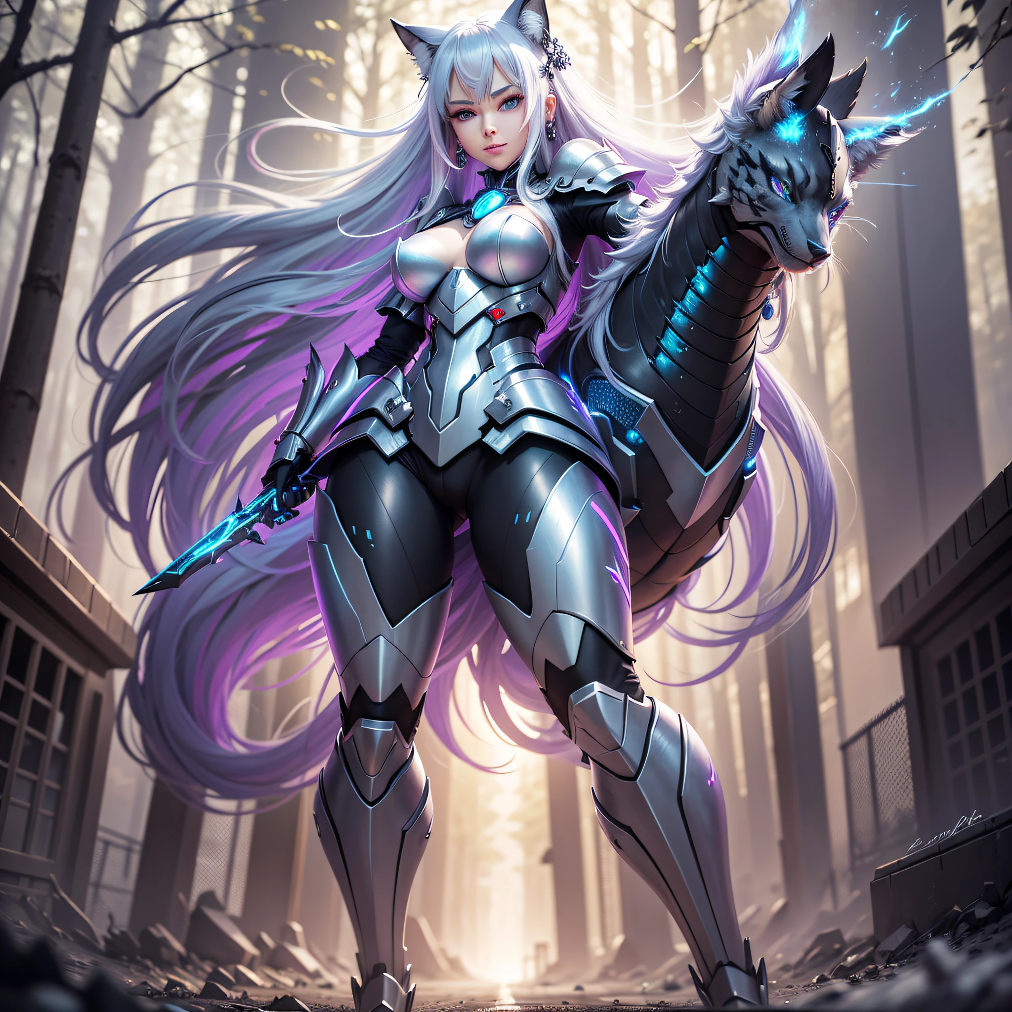 Life like sexy anime cyborg cat girl with long white hair and blue eyes, full body portrait, white and black battle dress, battle armor, life like characteristics,ultra realism,  Soft smile, riding a mystical black dragon,apocalyptic background, naughty pose, hyper realistic, 3 d anime realistic, advanced digital anime art,extremely detailed art germ, 8k high quality detailed art, solo,full body portrait, amazing beauty,, dynamic pose, delicate face, vibrant eyes, (from the front), silver hair, streaked hair, very long hair, expressive hair, multicolored eyes, aqua eyes, purple eyes, fox ears,heart earrings, earrings, light smile, shy, blush, parted lips, licking lips, heavy breathing, naughty face, naughty, sparkle, god rays, super detail, high quality, anatomically correct, textured skin, best quality,full body portrait,silver wolf,seen from below,guweiz on artstation pixiv, forest back ground, resolution 4098x2160, 8k --auto --s2