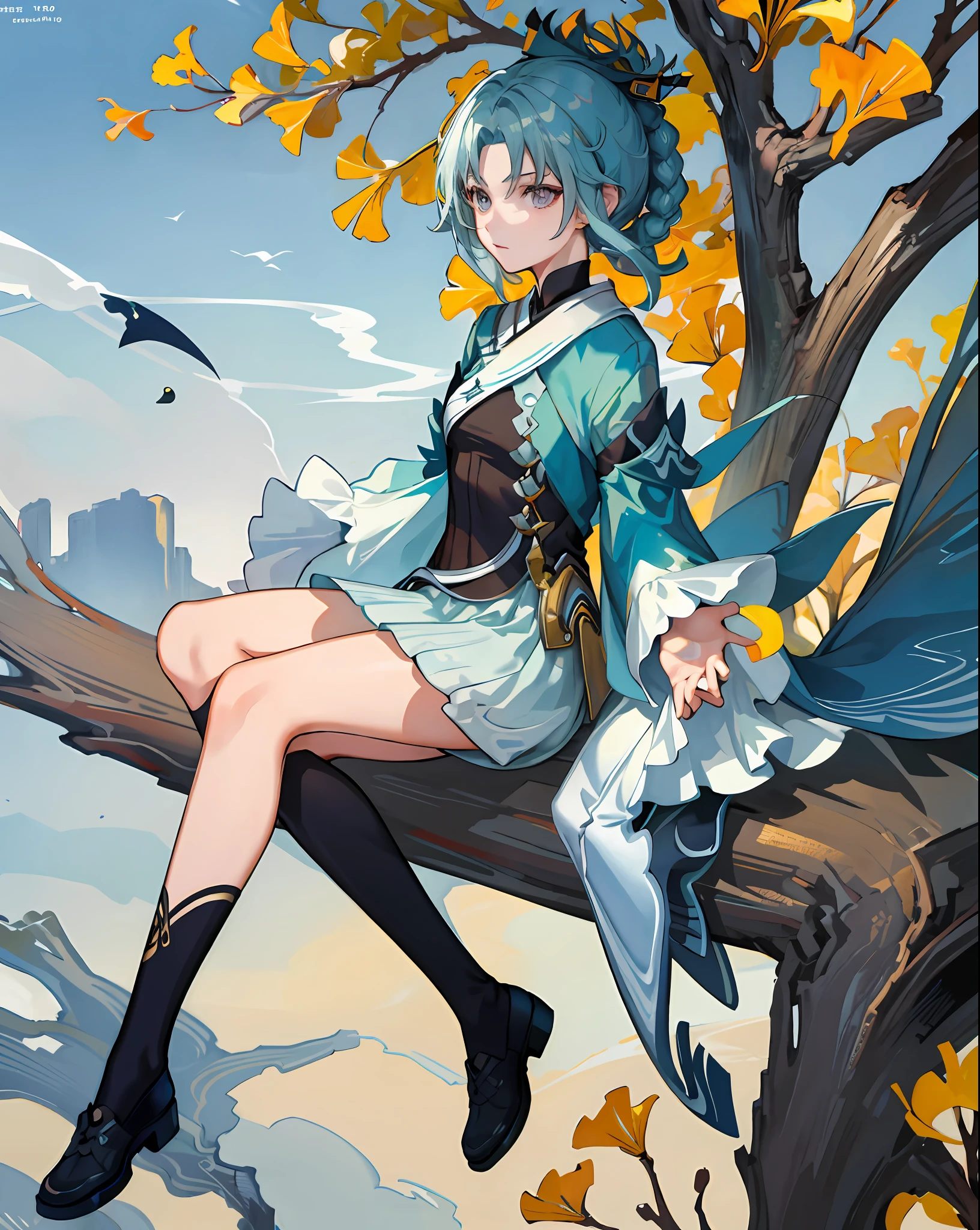 streetwardrambler,1girl,sitting,outdoors,garden,
ginkgo leaf,