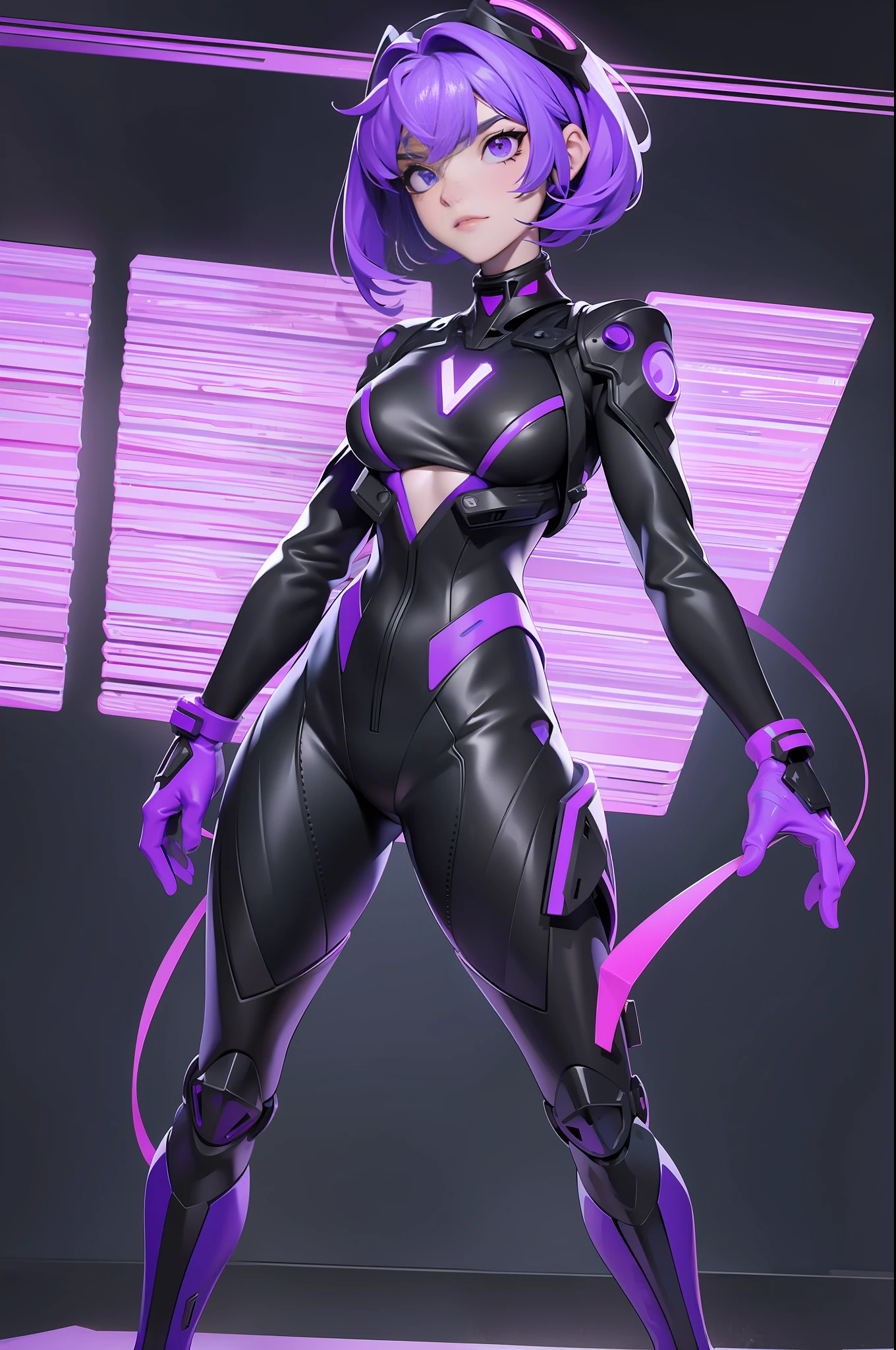full body picture Unreal Engine 5 8K UHD of beautiful women, byzantine violet Bob hair style, wearing high technology Evangelion black plug suit, half face cyberpunk mask, futuristic neck collar, electric violet neon light details, cyberpunk military base, best quality, masterpiece