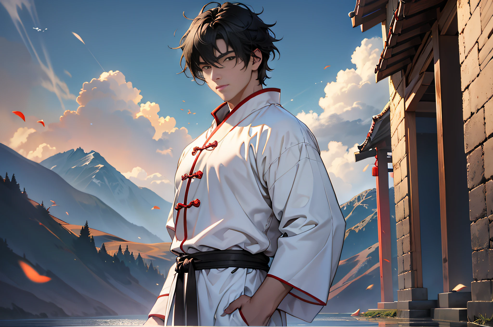 Best Quality, Masterpiece, High Resolution, 1boy, Ancient Chinese, 18 years old, short black hair, white pajamas, huge mountains, dark effect, 4k, 8k. Chinese ancient style. (High Detail Skin: 1.2), 8K UHD, DSLR, Soft Light, High Quality, Volumetric Light, Voyeur, Photo, High Resolution, 4K, 8K.