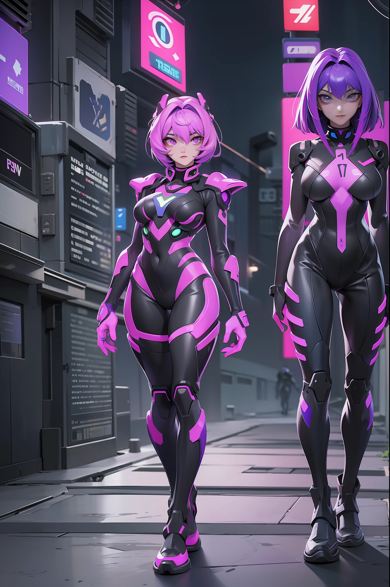 full body picture Unreal Engine 5 8K UHD of 2 beautiful women, byzantine violet Bob hair style, wearing Evangelion black plug suit, half face cyberpunk mask, futuristic neck collar, electric violet neon light details, cyberpunk city, patrolling the city, best quality, masterpiece