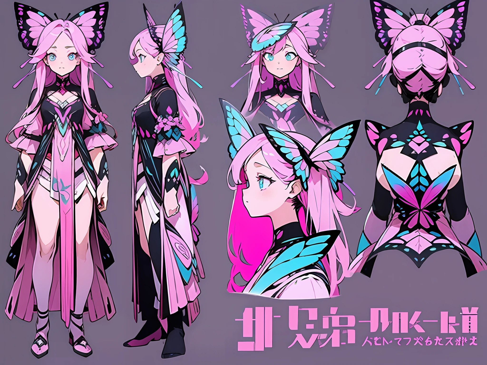 ((masterpiece)),(((best quality))),((character design sheet,same character,front,side,back)),illustration,1 girl,long hair,hair on eyes, colorfull hair,beautiful eyes,environment Scene change, pose too, pink color palette, neon colors, female butterfly, butterfly antennae, holds a crosier, charturnbetalora, 8k,16k, (simple background, white background: 1.3)